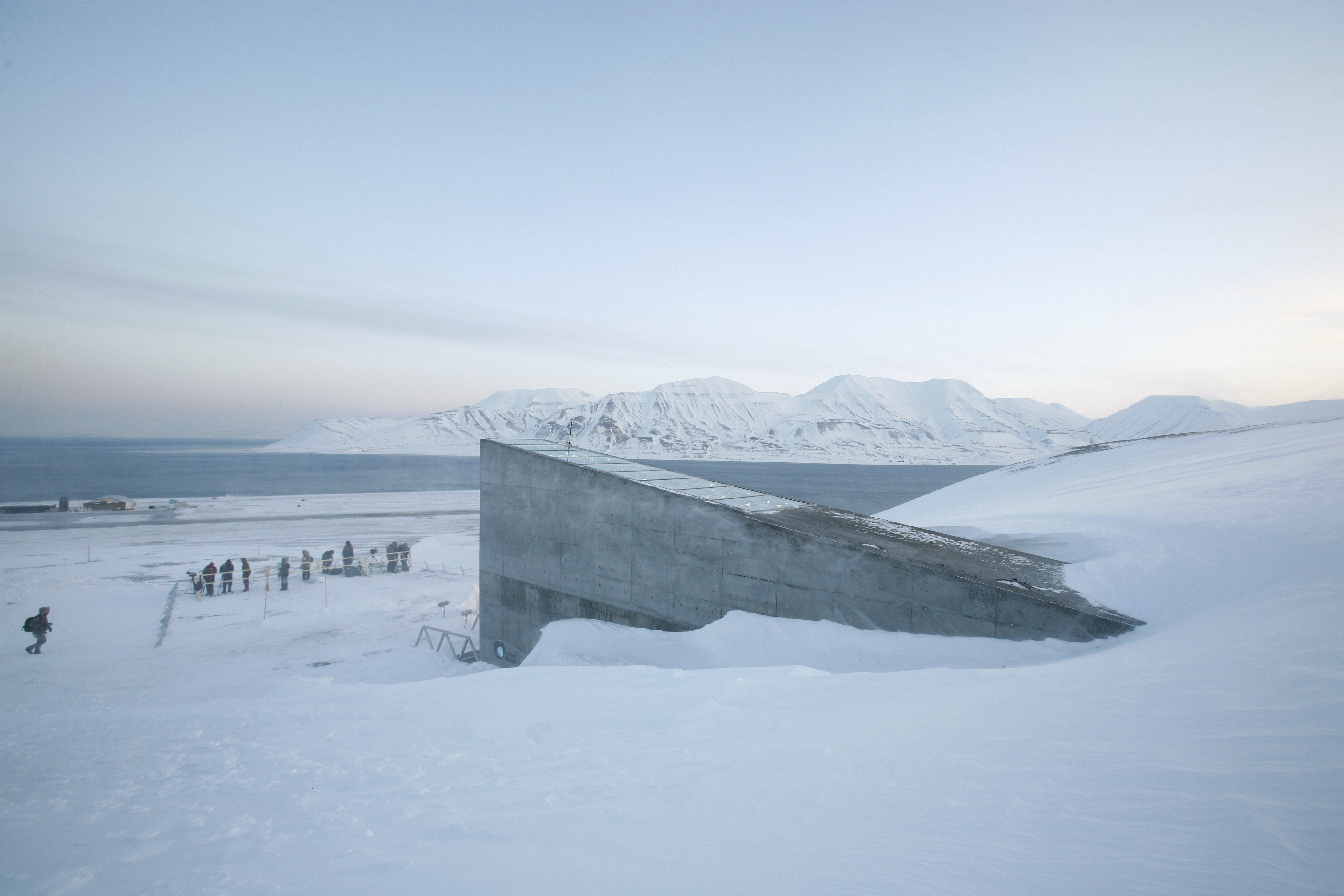 Television crews stand outside the Global Seed Vault before the opening ceremony in Longyearbyen February 26, 2008.