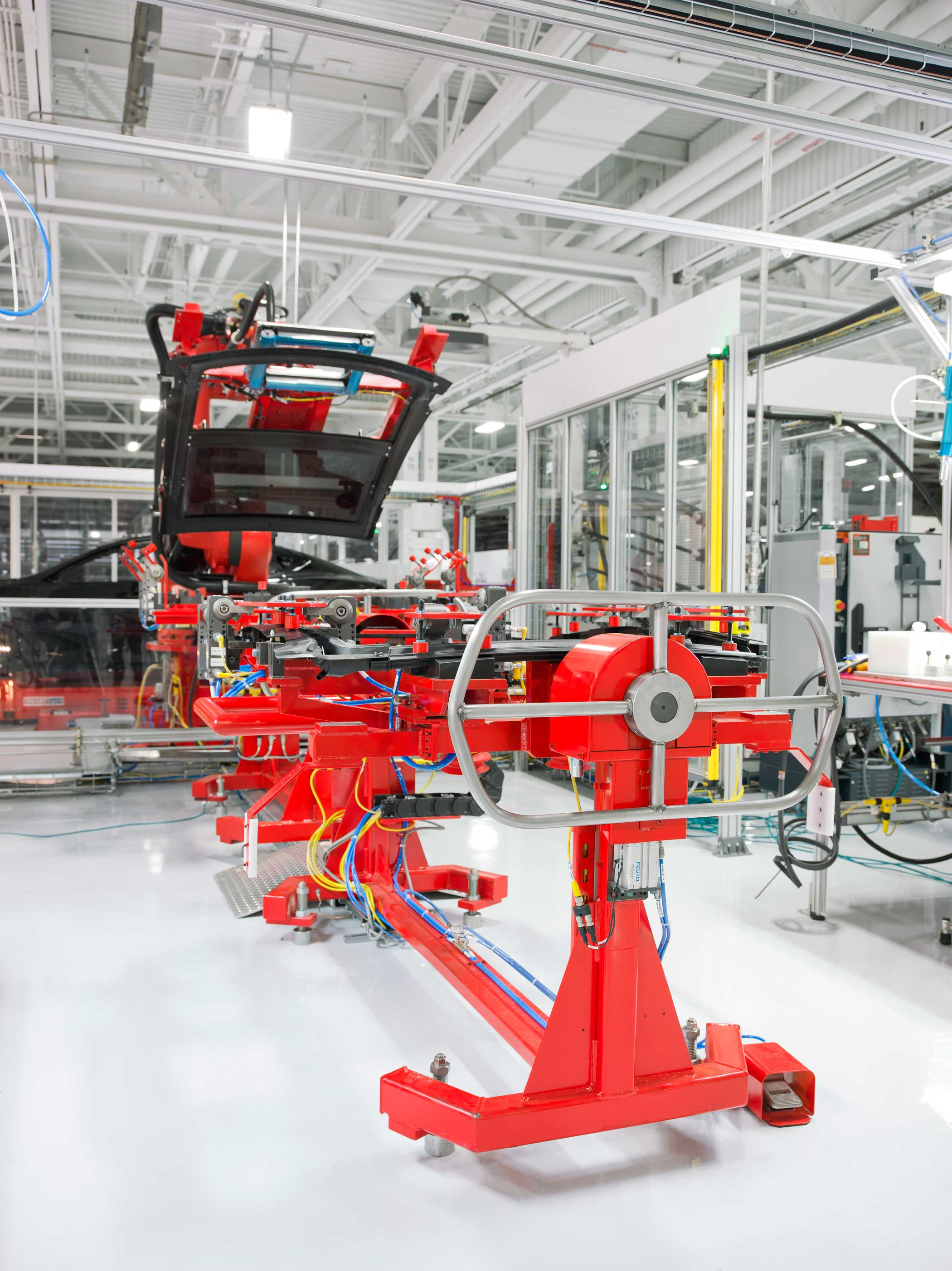 A machine used on the assembly line at the Tesla Factory in Fremont, Calif.