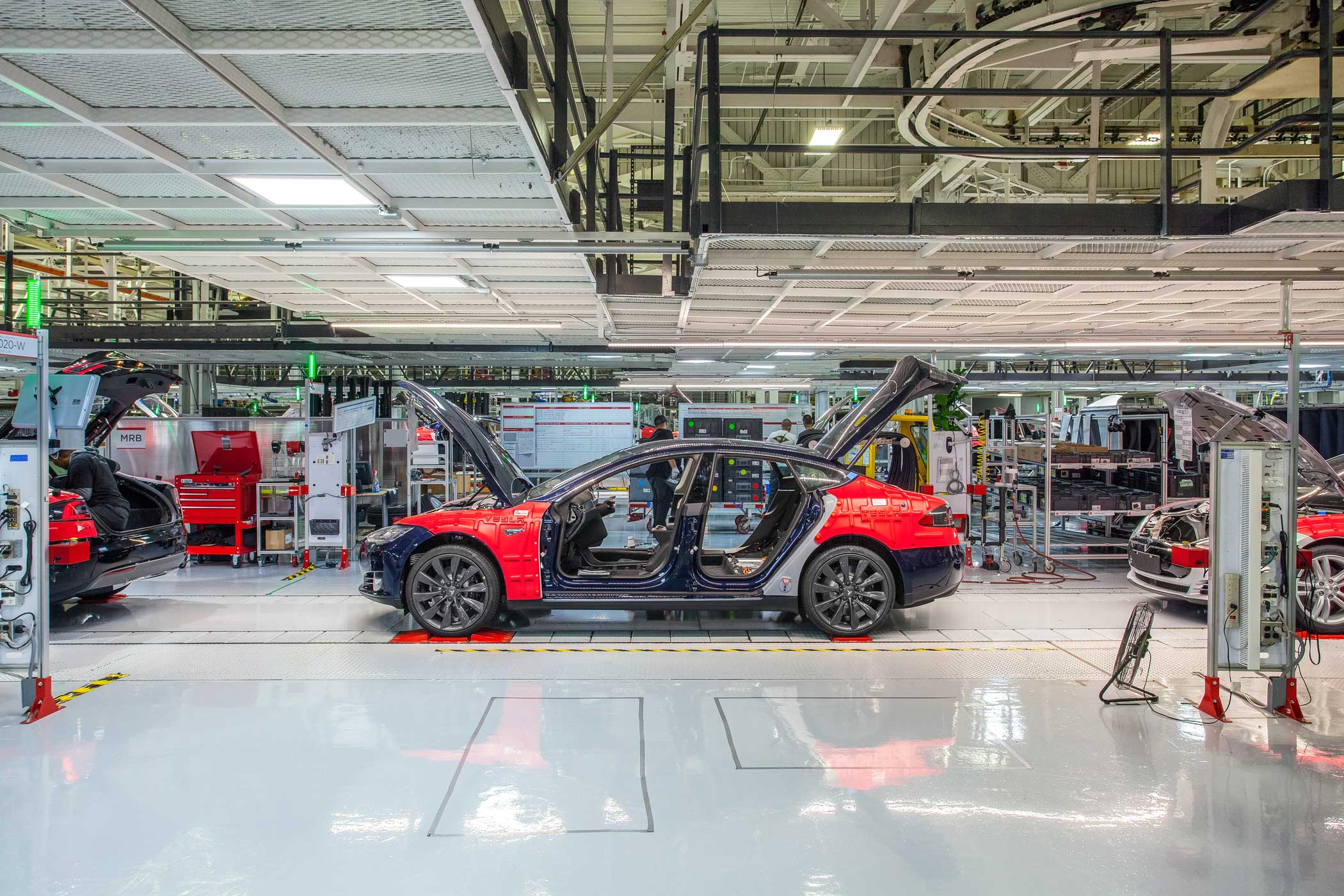 A Model S car on the assembly line at the Tesla Factory in Fremont, Calif.