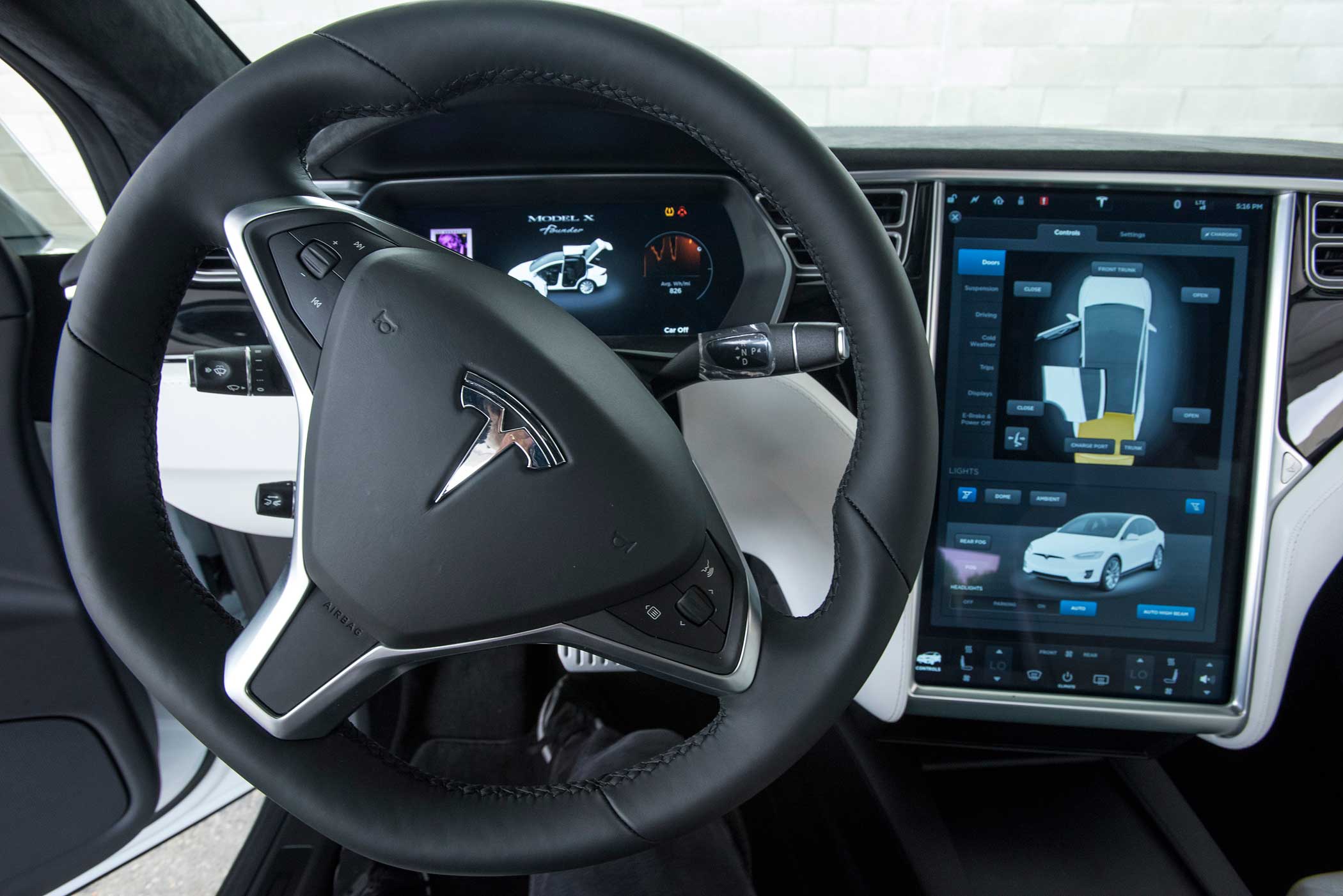 Most Model X settings are changed via touchscreen controls. An optional 'bioweapon defense mode' activates a hospital-grade filtration system.