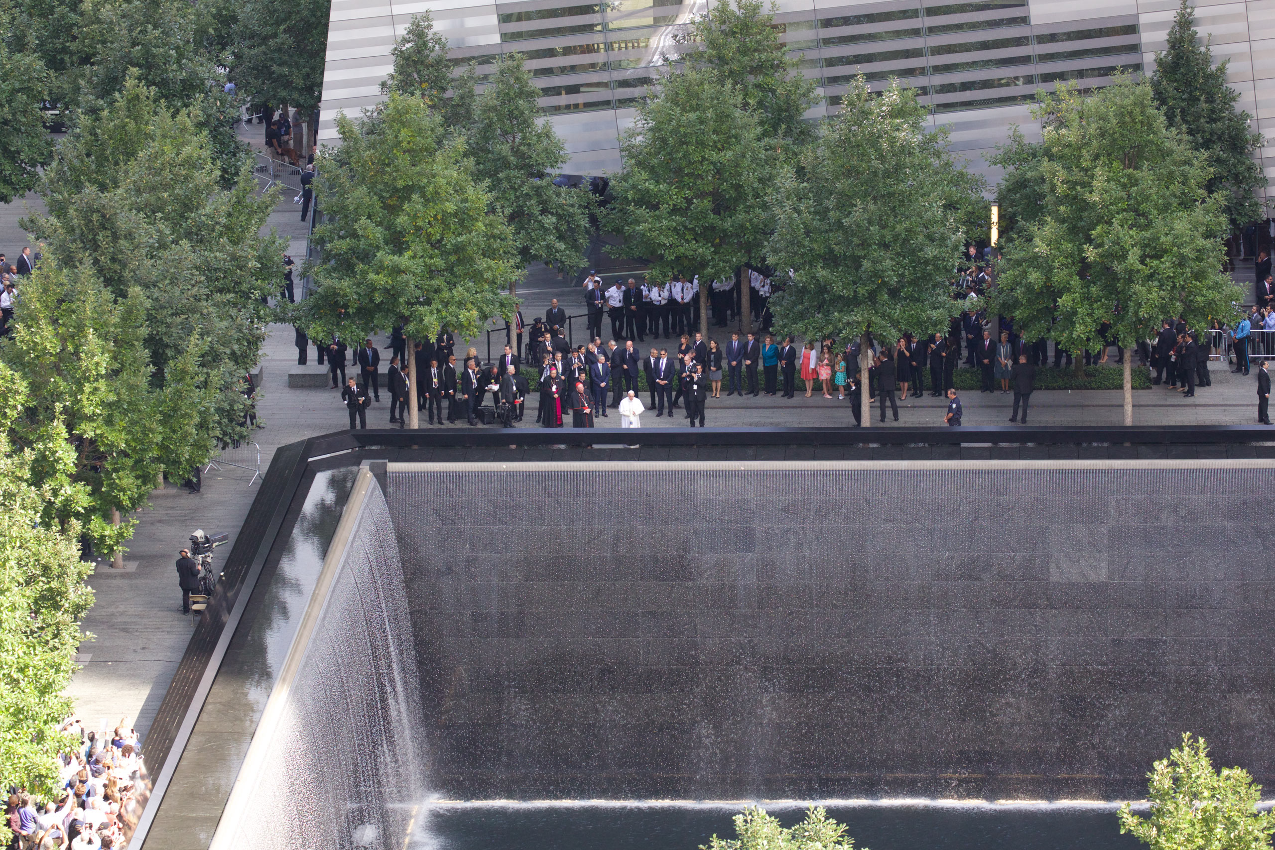 Pope Francis  prays at the South Pool of the 9/11 Memorial in downtown Manhattan, New York, NY. Sept, 25, 2015.