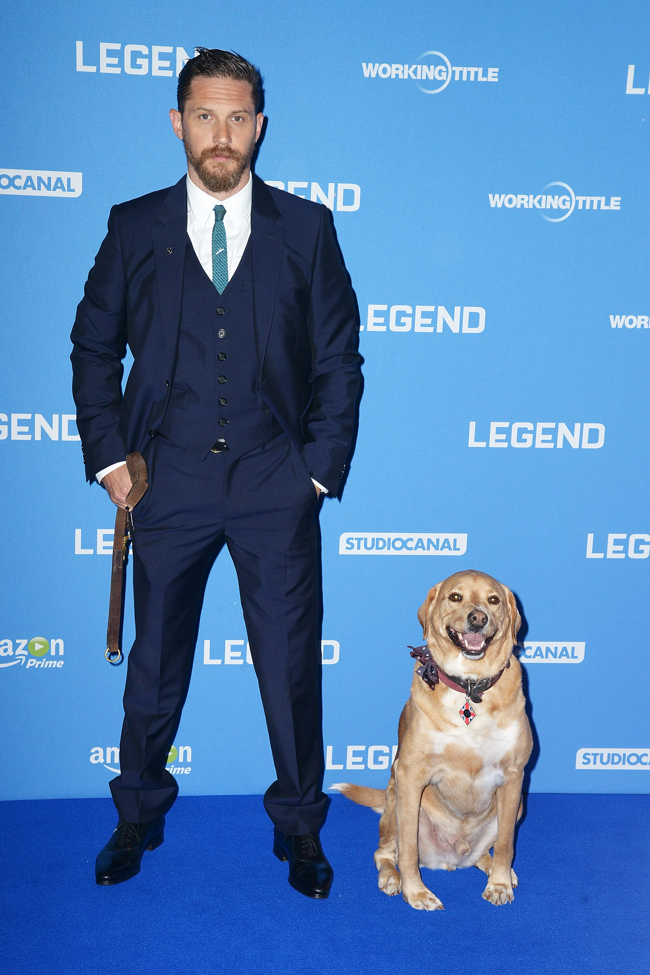Tom Hardy and dog 'Woody' attend the U.K. Premiere of "Legend" at Odeon Leicester Square on September 3, 2015 in London, England. (Dave J Hogan—Getty Images)