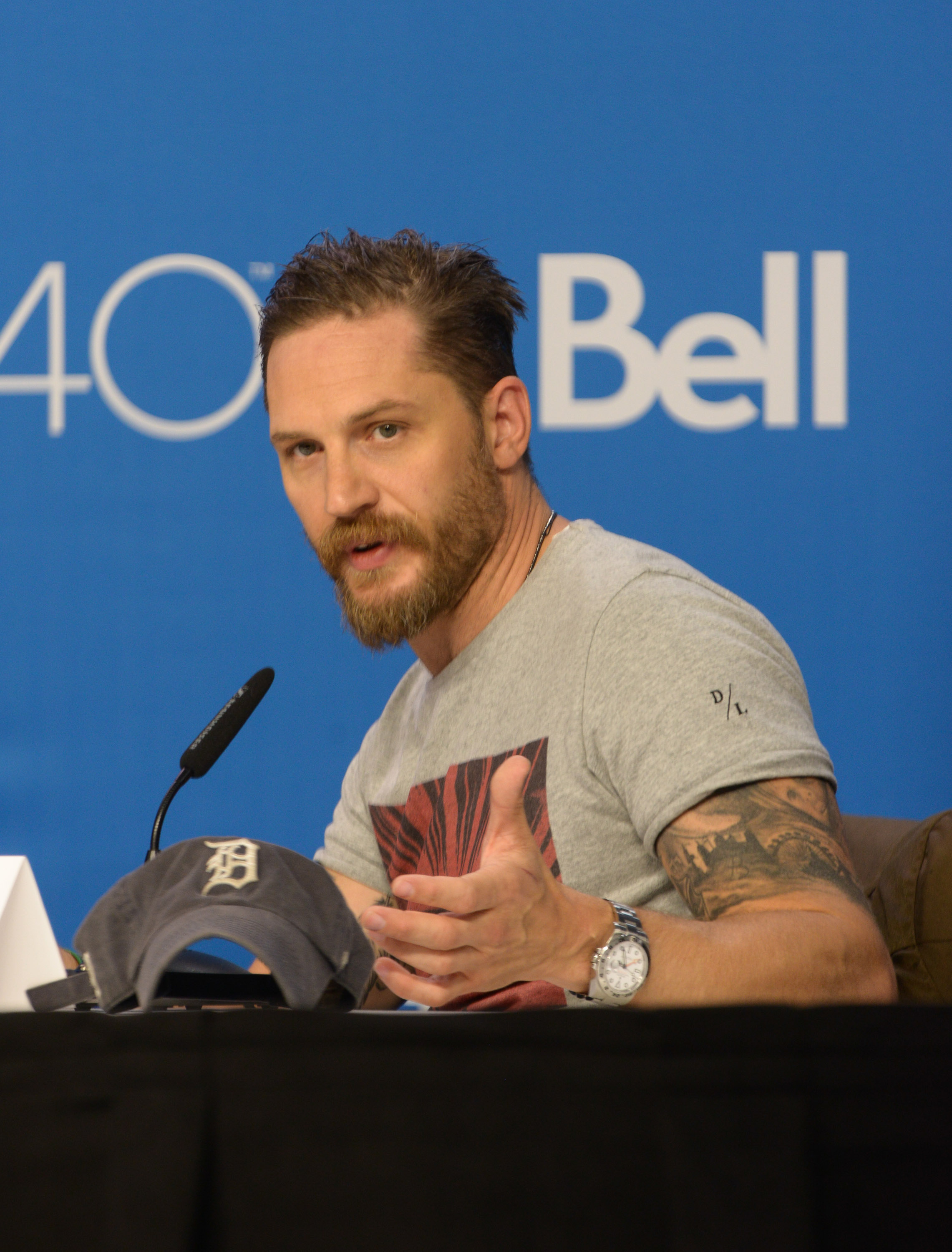 TORONTO, ON - SEPTEMBER 13:  Actor Tom Hardy speaks during the 'Legend' press conference  at TIFF Bell Lightbox on September 13, 2015 in Toronto, Canada.  (Photo by Juanito Aguil/WireImage)