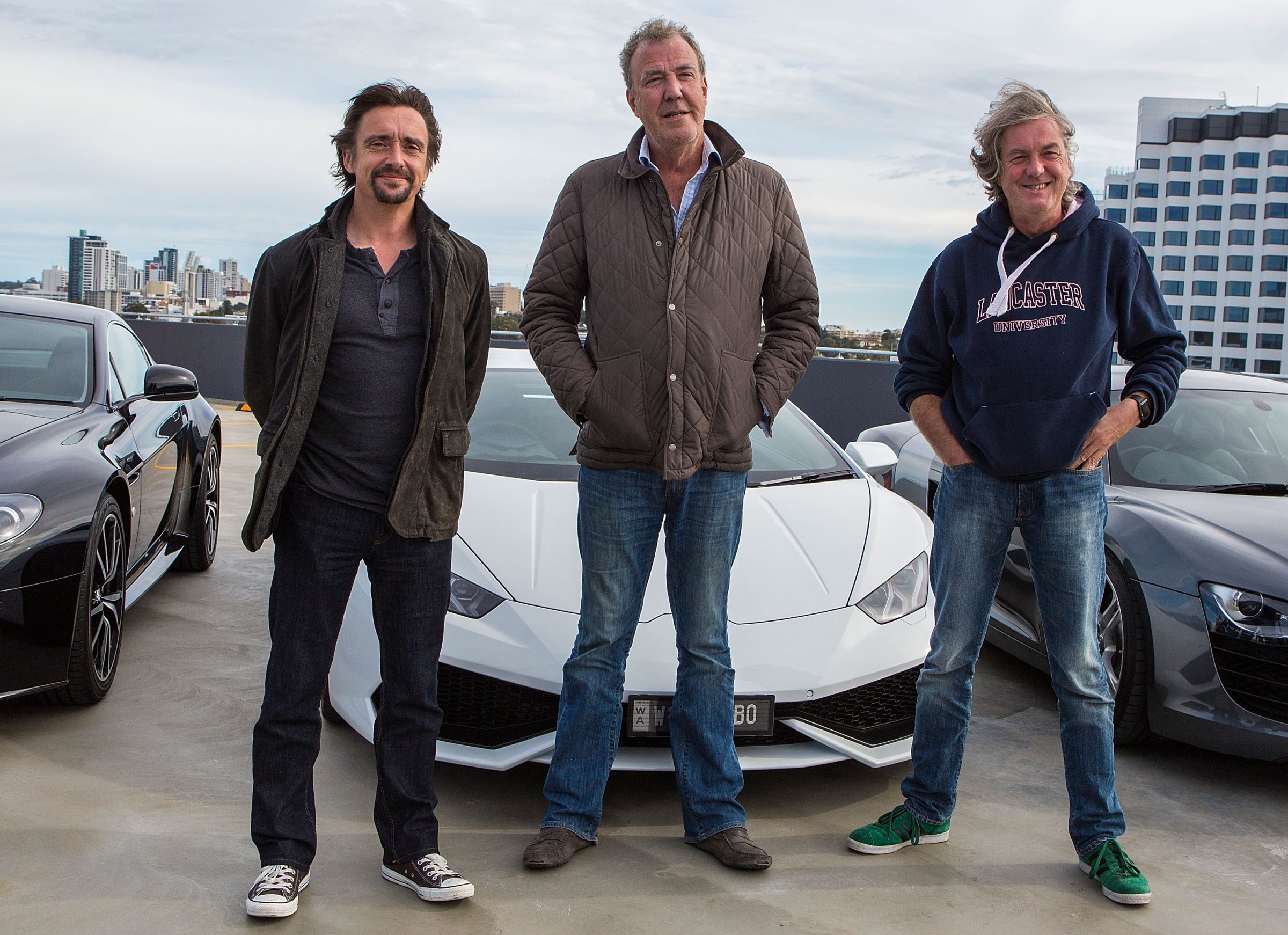 Jeremy Clarkson, Richard Hammond and James May during a press event on July 17, 2015 in Perth, Australia.