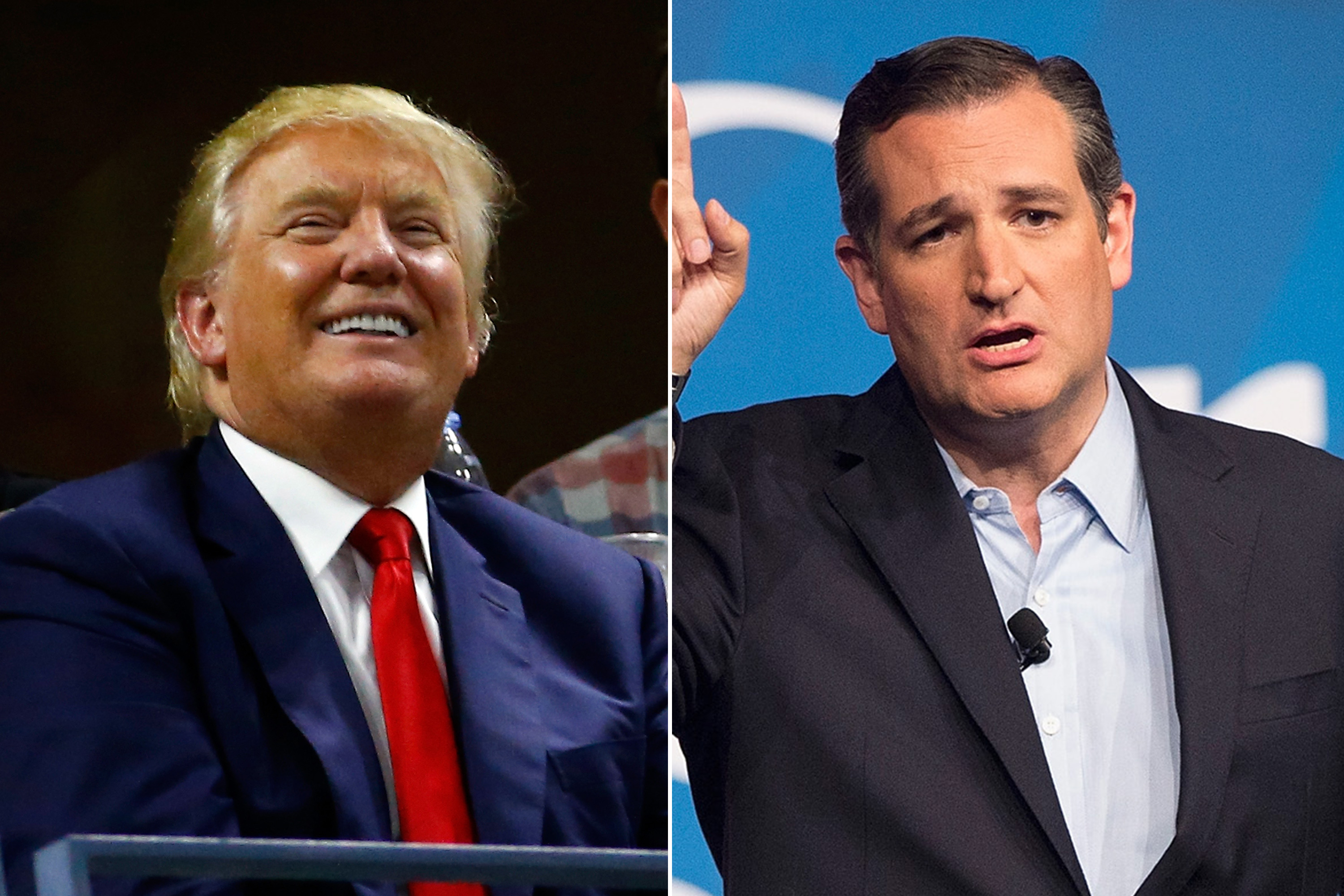 <i>Left</i>: Donald Trump attends the 2015 US Open on Sept. 8, 2015 in New York City; <i>Right</i>: Ted Cruz speaks to supporters at his Religious Liberty Rally on Aug. 21, 2015 in Des Moines, Iowa. (Al Bello—Getty Images; Scott Olson—Getty Images)