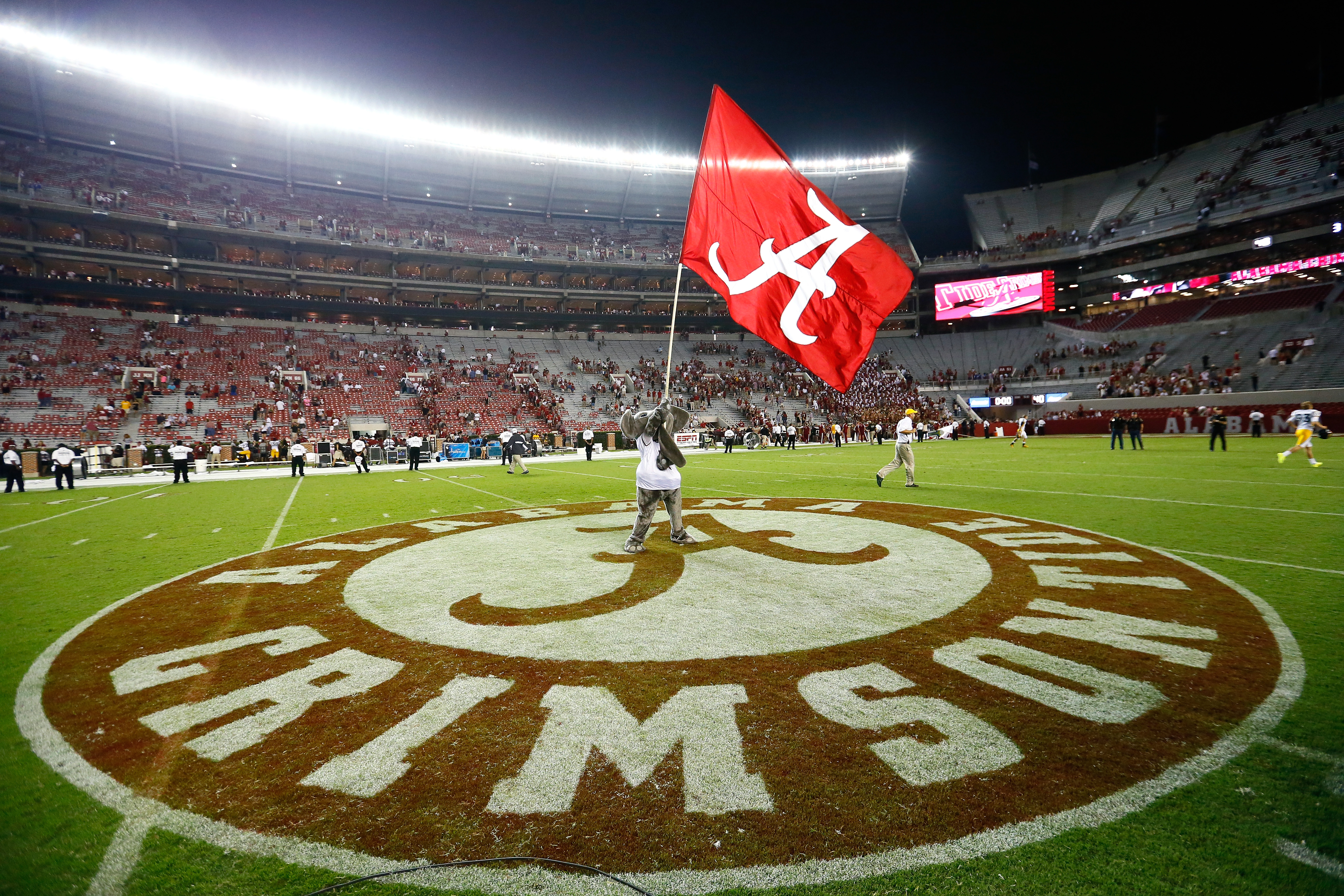 Big Al, mascot of the Alabama Crimson Tide, waves the flag after their 52-12 win over the Southern Miss Golden Eagles at Bryant-Denny Stadium in Tuscaloosa, Ala. on Sept. 13, 2014.