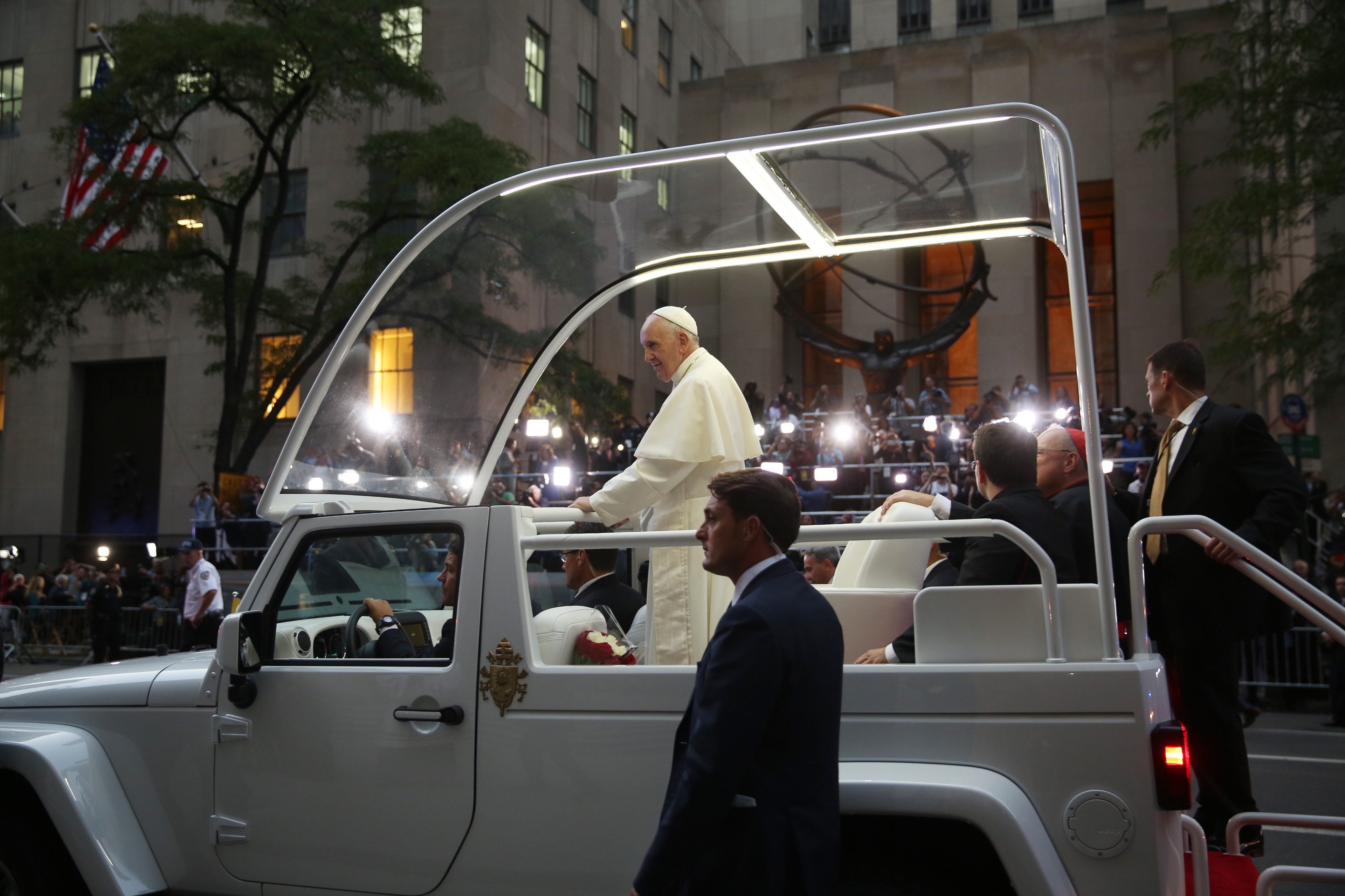 Pope Francis makes his way down 5th Avenue in New York City to St. Patrick's Cathedral in New York City on Sept. 24, 2015.