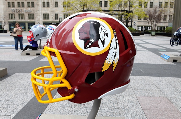 Washington Redskins NFL football helmet is on display in Pioneer Court to commemorate the NFL Draft 2015 in Chicago on April 30, 2015 in Chicago, Illinois.