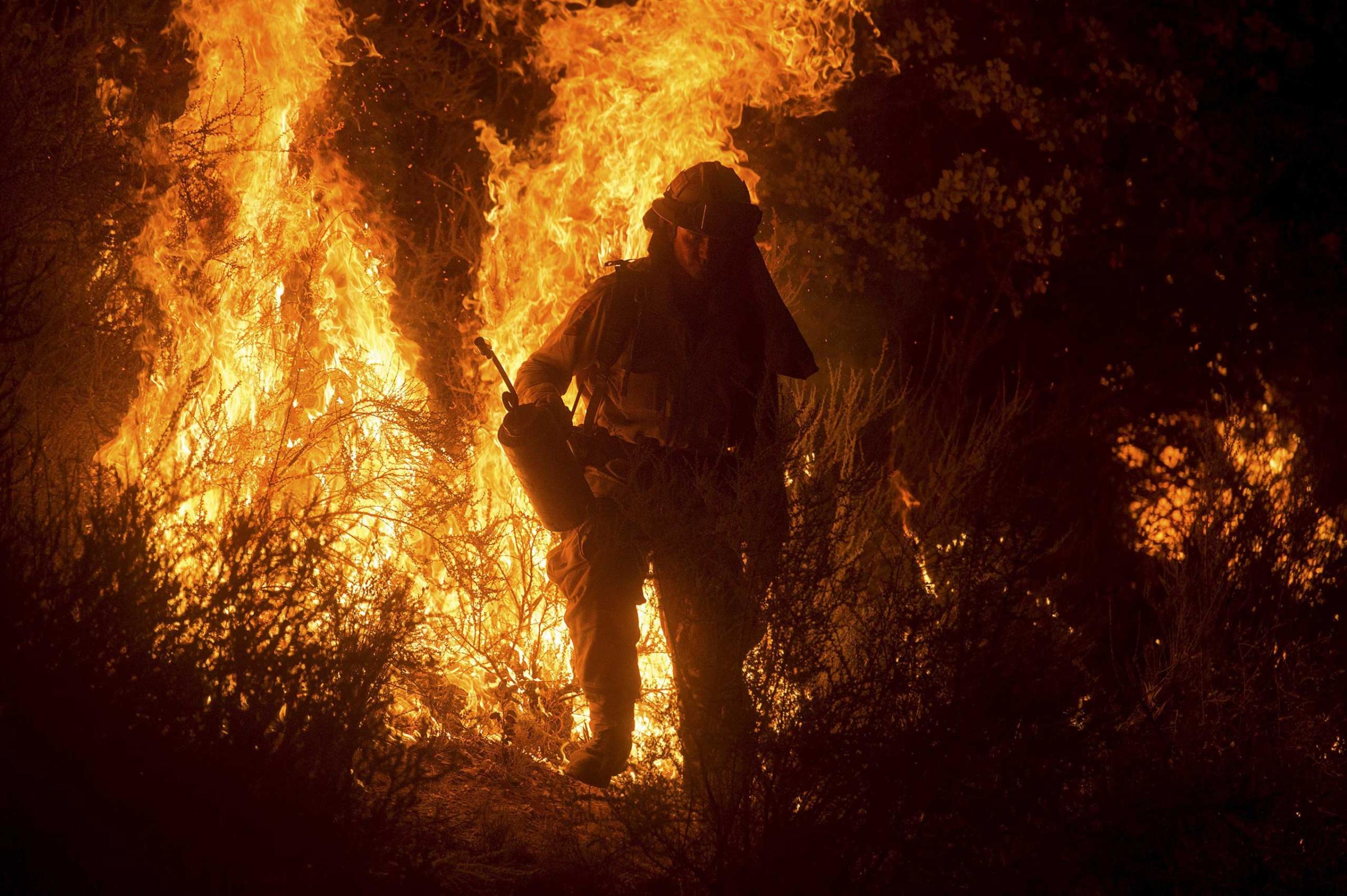 Firefighter lights a backfire while battling the Butte fire near San Andreas