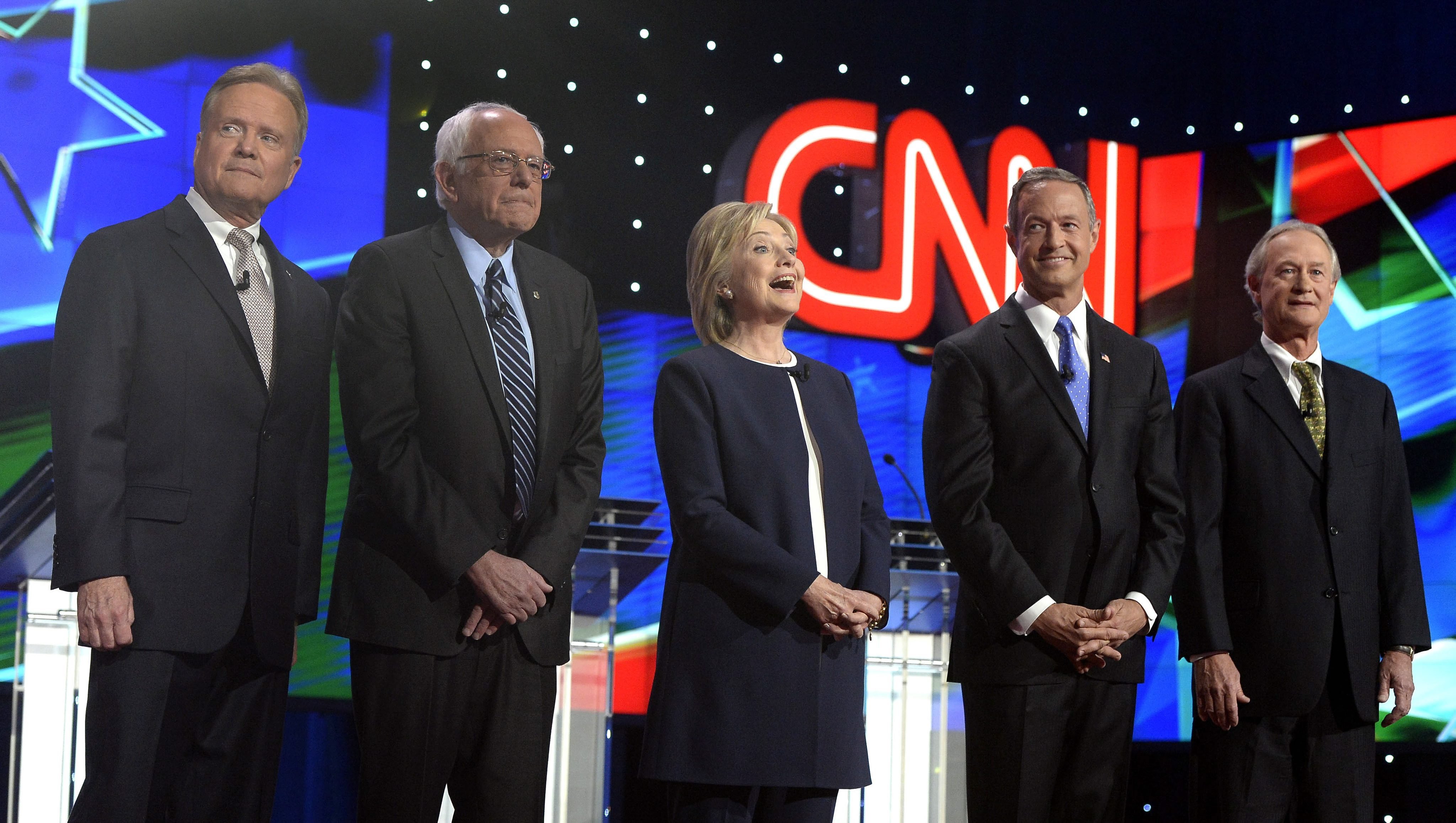 Jim Webb, Bernie Sanders, Hillary Clinton, Martin O'Malley and Lincoln Chafee pose on stage prior to the start of the Democratic debate at Wynn Las Vegas in Las Vegas, Nevada, on Oct. 13, 2015. (Mike Nelson—EPA)