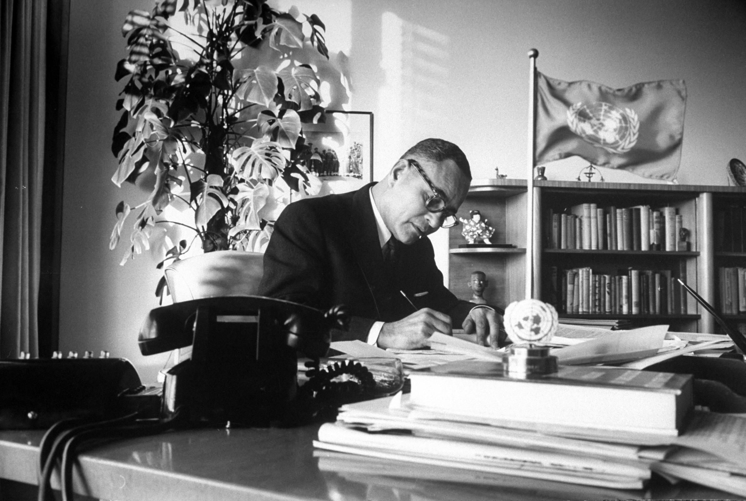 Ralph Bunche in his office at the UN, 1960.