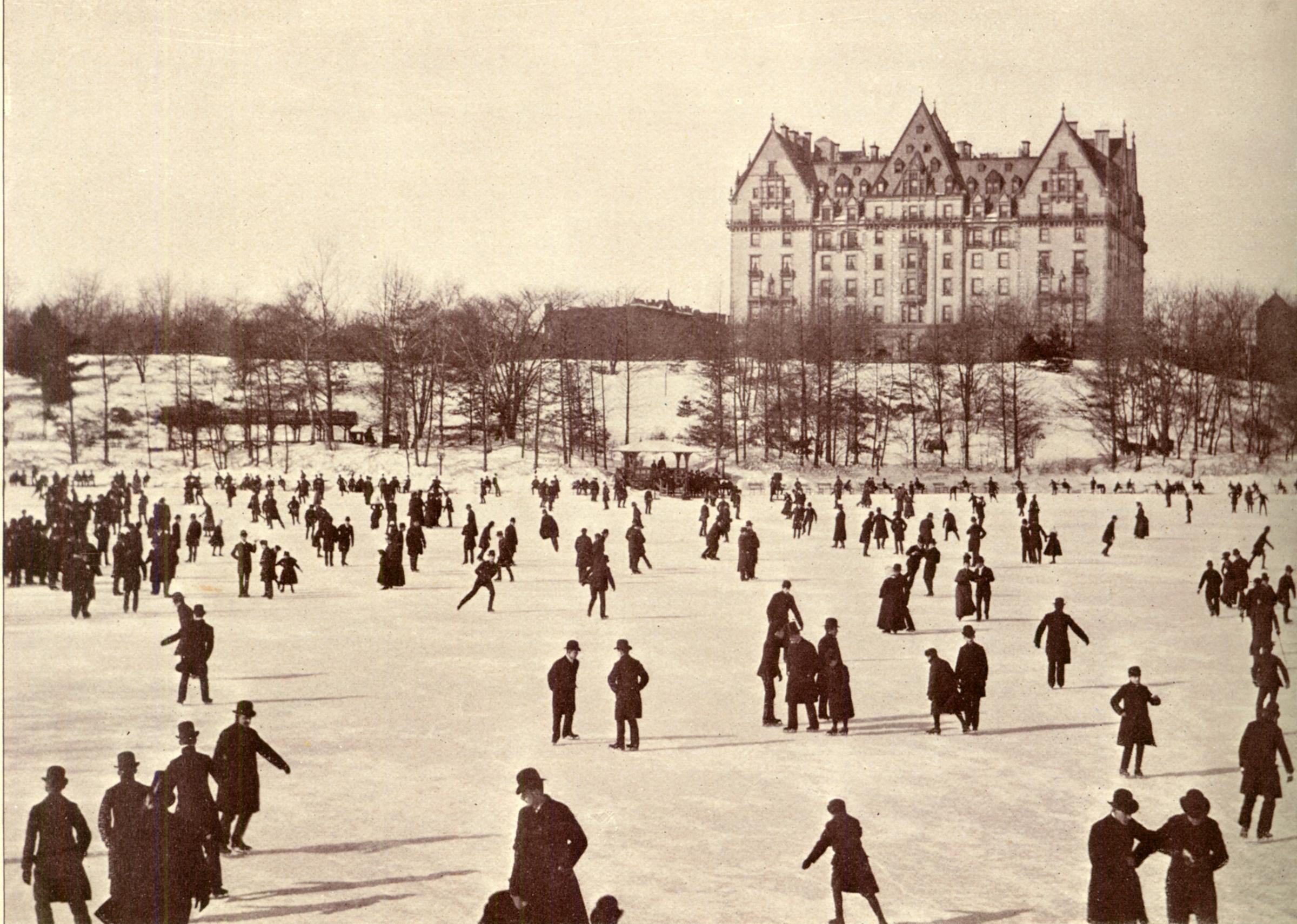 A colored flag would signal that the ice was thick enough to permit skating on the lake. The Dakota dominated the scene.