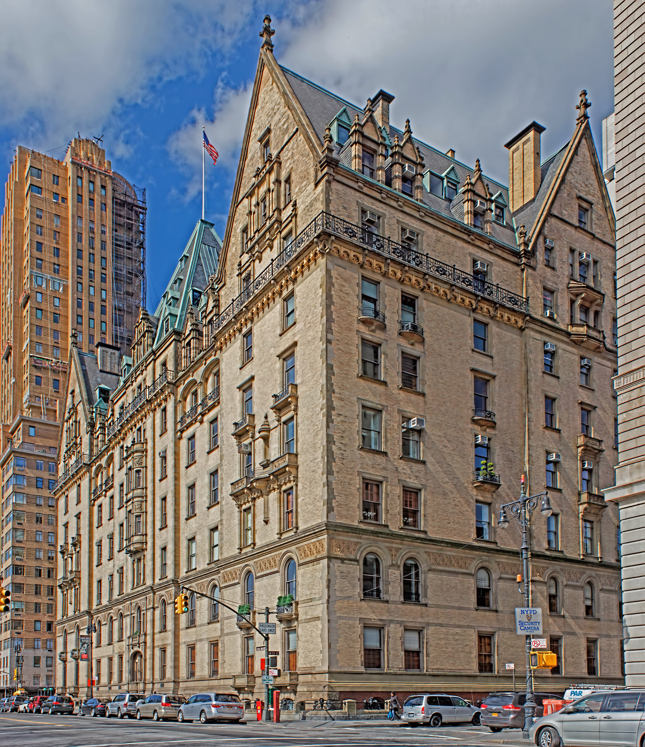 The Dakota from the northeast with the 1930 Majestic Apartments at 115 Central Park West at the left. At the right is the corner of the 1906 Langham at 135 Central Park West.