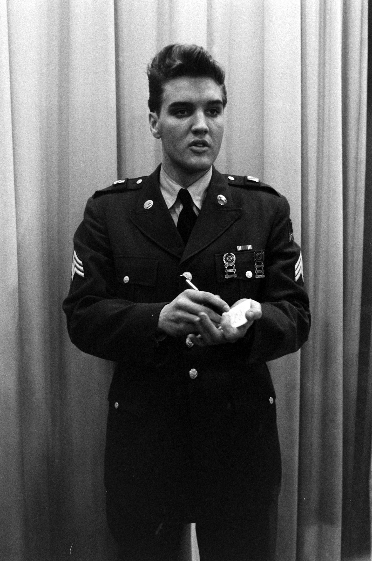 Elvis Presley at Fort Dix, New Jersey, shortly before his discharge from the U.S. Army.