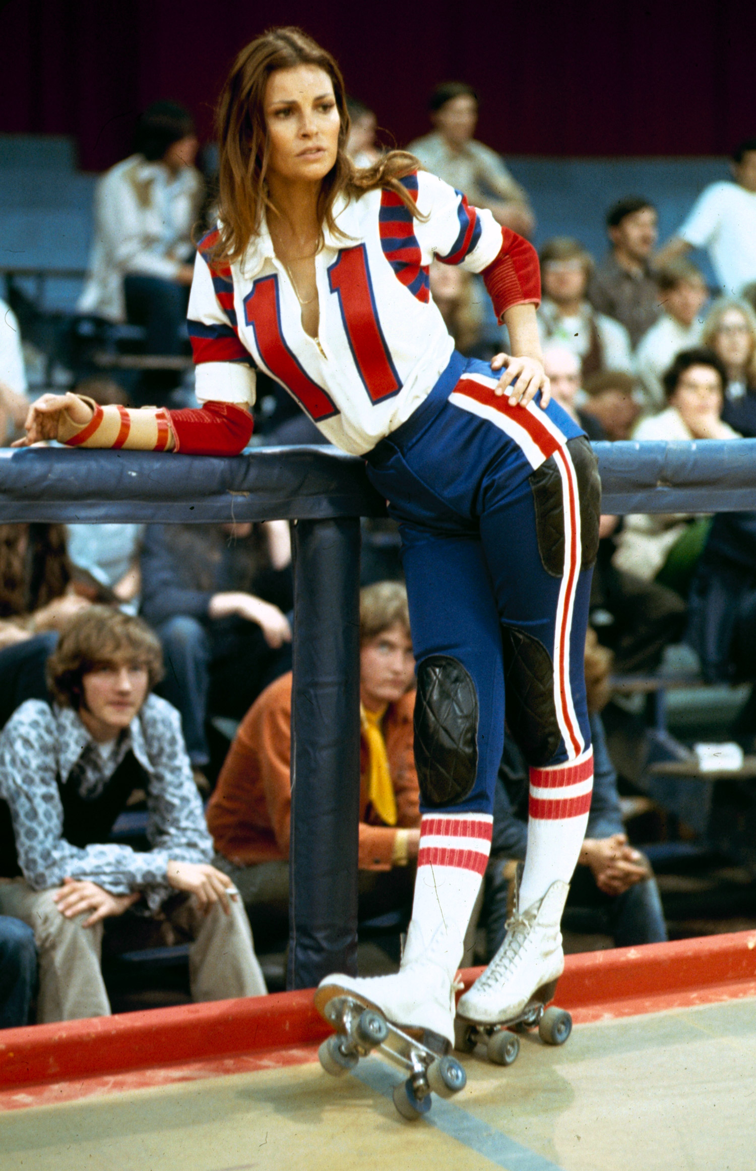 Raquel Welch in roller derby uniform during filming of motion picture "The Kansas City Bomber."