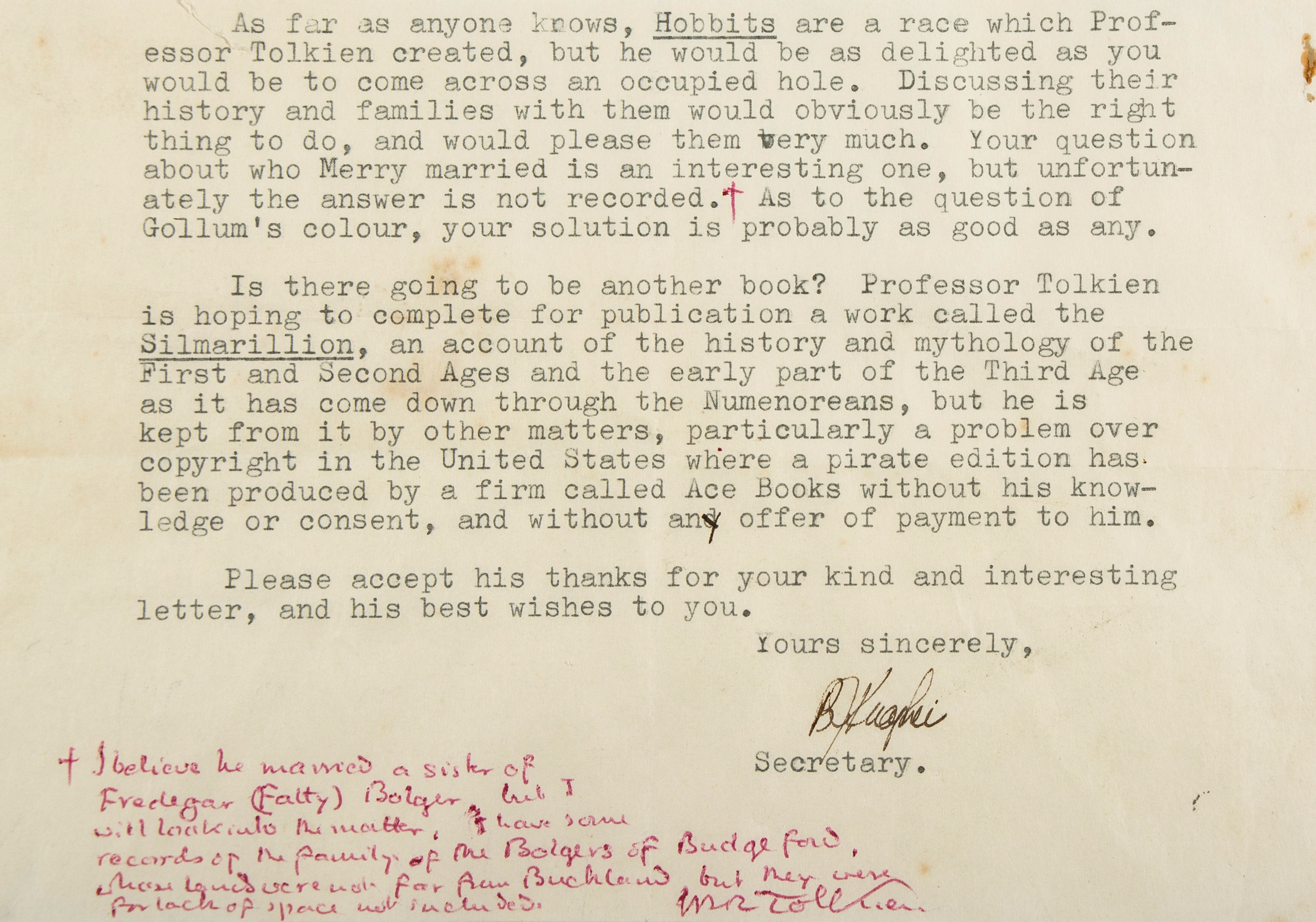 Typed letter signed by Tolkien's secretary on behalf of Tolkien. (Courtesy of Bloomsbury Auctions)