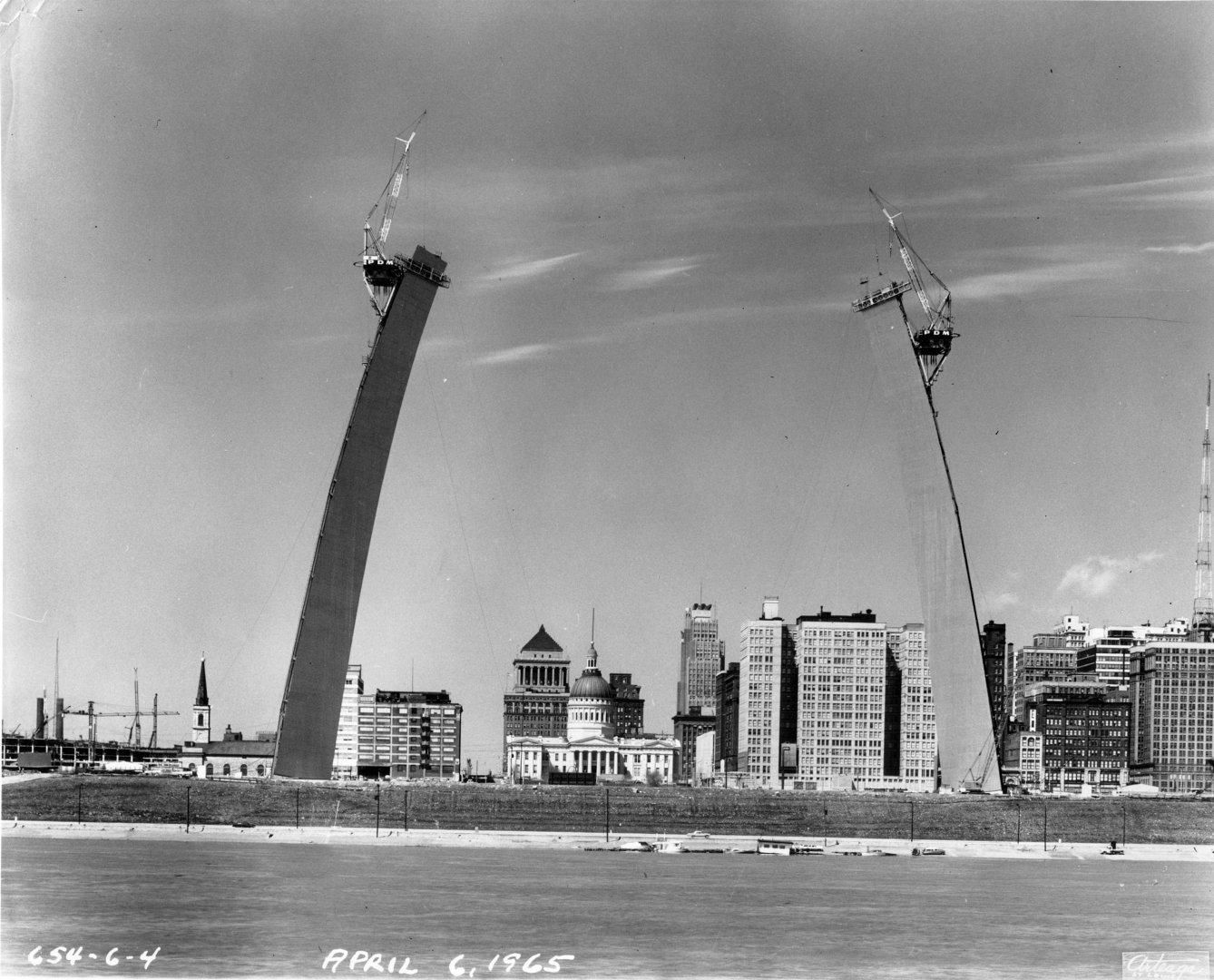 Arch Construction, April 6, 1965. The North leg is 447 feet tall and South leg is 458 feet tall at this point.