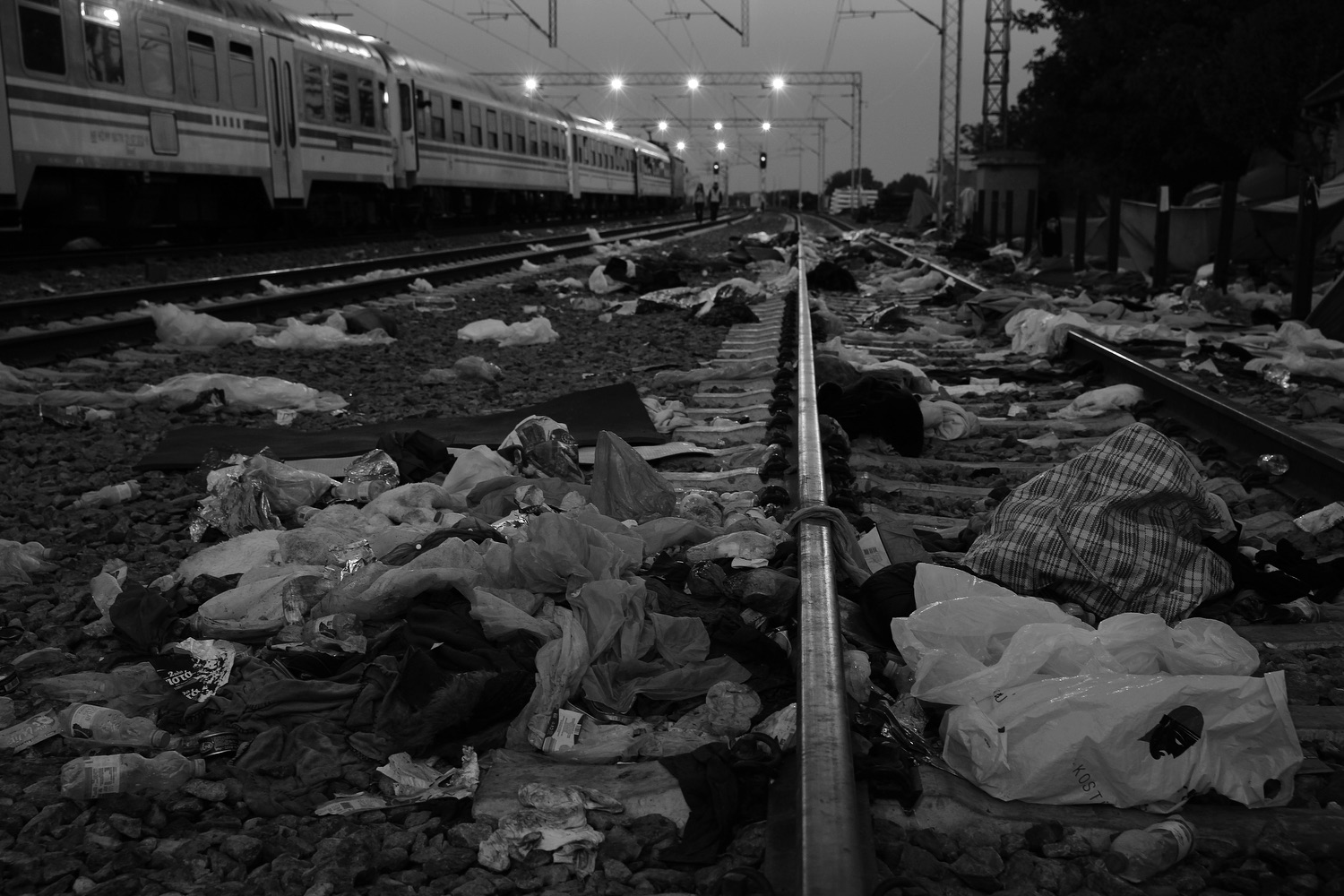 At the train station in  Tovarnik, Croatia refugees camped on the train tracks leaving debris behind, Sept. 21, 2015.