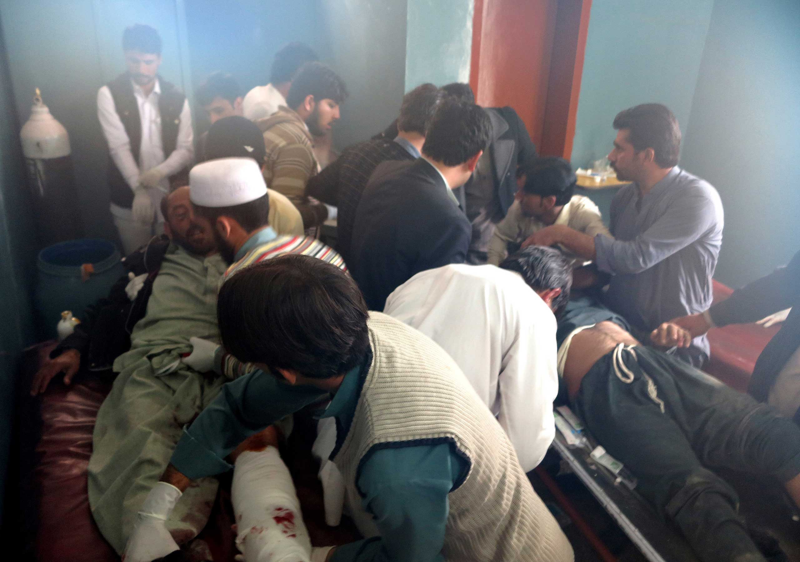 Patients are brought to a hospital after severe earthquake was felt in Mingora, Swat valley, Pakistan, on Oct. 26, 2015.