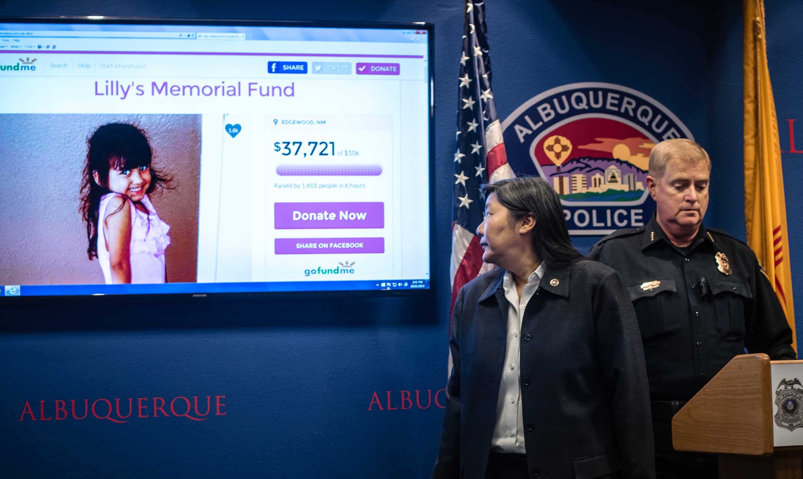 FBI special agent in charge Carol  Lee, and Albuquerque Police Department Chief Gorden Eden address the media regarding the recent road-rage incident where four-year-old Lilly Garcia was shot in Albuquerque, N.M., on Oct. 21, 2015. P (Roberto E. Rosales—P)