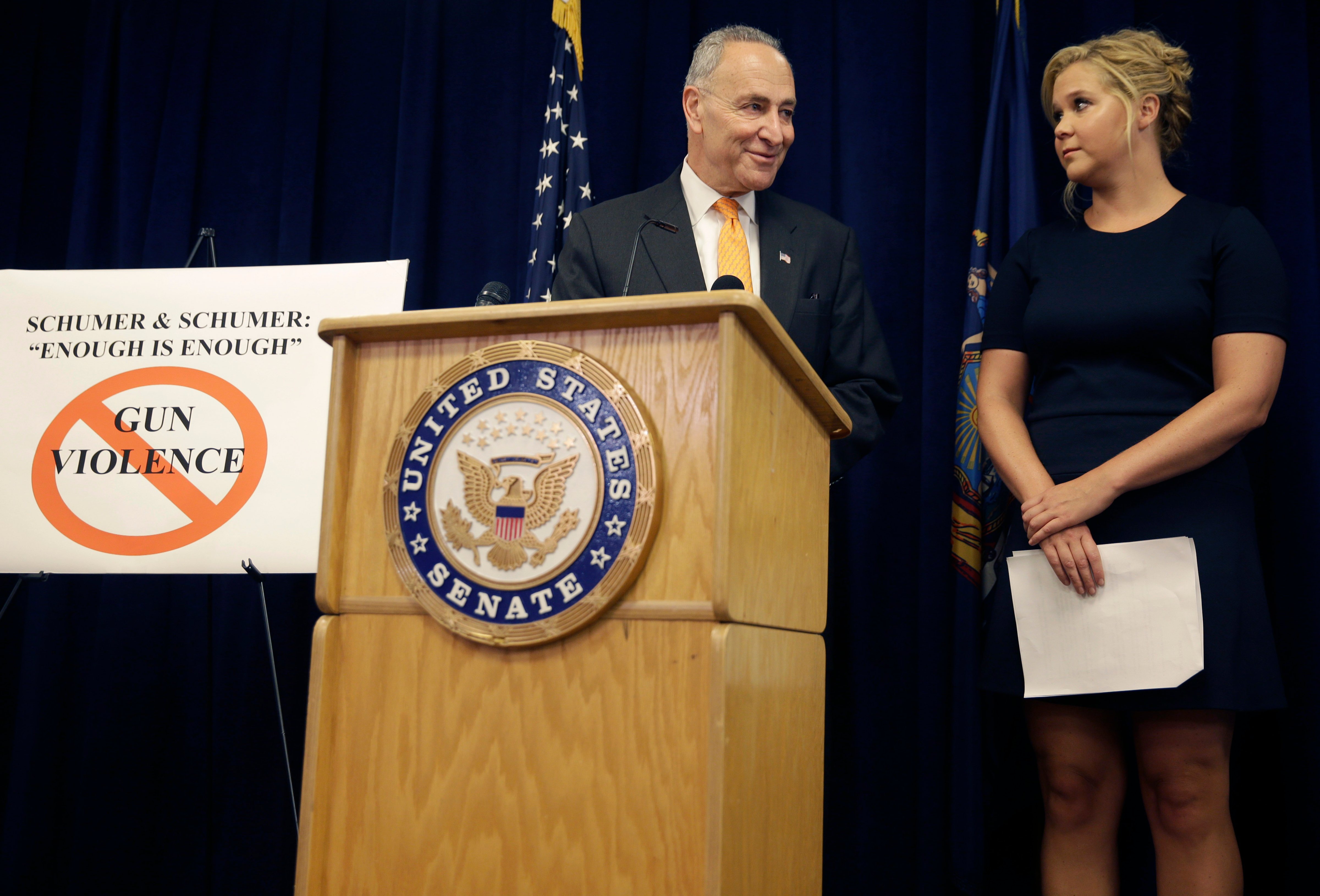 New York Sen. Chuck Schumer and his cousin Amy Schumer spoke at a news conference about gun control regulations in New York on Aug. 3, 2015. (Seth Wenig—AP)