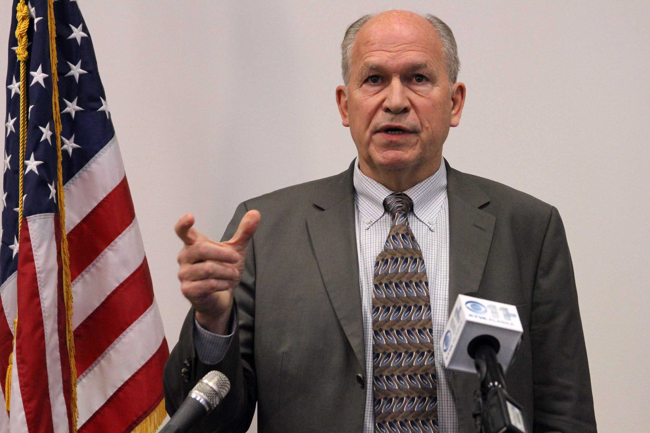 Alaska Gov. Bill Walker addresses a news conference when it was announced that nearly every Alaskan will receive $2,072 from this year's oil dividend check,  Sept. 21, 2015. (Mark Thiessen—AP)