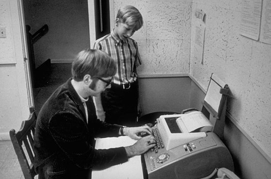 Future Microsoft head Bill Gates watching his friend (and future co-founderof Microsoft) Paul Allen typing on a keyboard when they were students at lakeside School.Future Microsoft head Bill Gates watching his friend (and future co-founderof Microsoft) Paul Allen typing on a keyboard when they were students at lakeside School.FC 17513 (8X10)Subject Date: 0/0/1968Last Published: March 31, 2003Series: TIMETitle: Caption: Future Microsoft head Bill Gates watching his friend (and future co-founderof Microsoft) Paul Allen typing on a keyboard when they were students at lakeside School.City: State/Province: WACountry: USPhotographer: Photog Status: FREELANCEAgency: LAKESIDE SCHOOL/MICROSOFTSyndication By: AGENCYSubjects: SPECIAL COLLECTIONS-20TH CENTURY SELECTPersonalities: GATES, WILLIAM H. III ALLEN, PAULSource: FORTUNERef No: 05838008.JPGMedium: B/W TRANSPARENCY