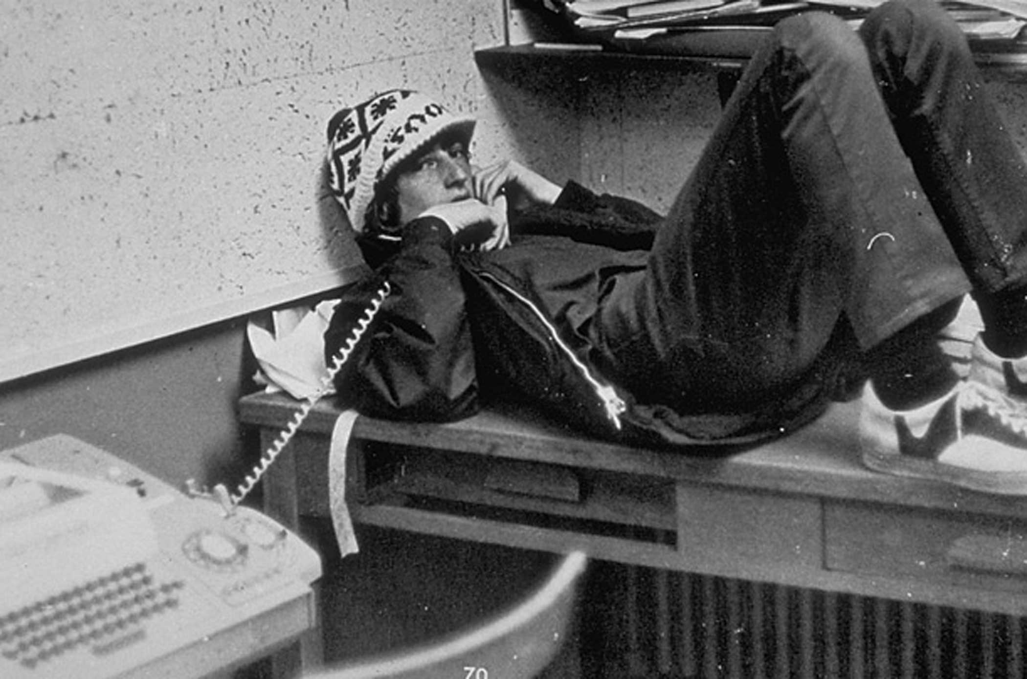 Future billionaire computer wiz Bill Gates reclining on desktop &amp; talking on phone while attending private Lakeside School.Filing Place: TC 104378Subject Date: 0/0/1973Last Published: January 25, 1999Series: TIMETitle: Caption: Future billionaire computer wiz Bill Gates reclining on desktop &amp; talking on phone while attending private Lakeside School.City: SEATTLEState/Province: WACountry: USPhotographer: Photog Status: FREELANCEAgency: LAKESIDE SCHOOLSyndication By: AGENCYSubjects: Personalities: GATES, WILLIAM H. IIISource: TIMERef No: 05586784.JPGMedium: B/W TRANSPARENCY