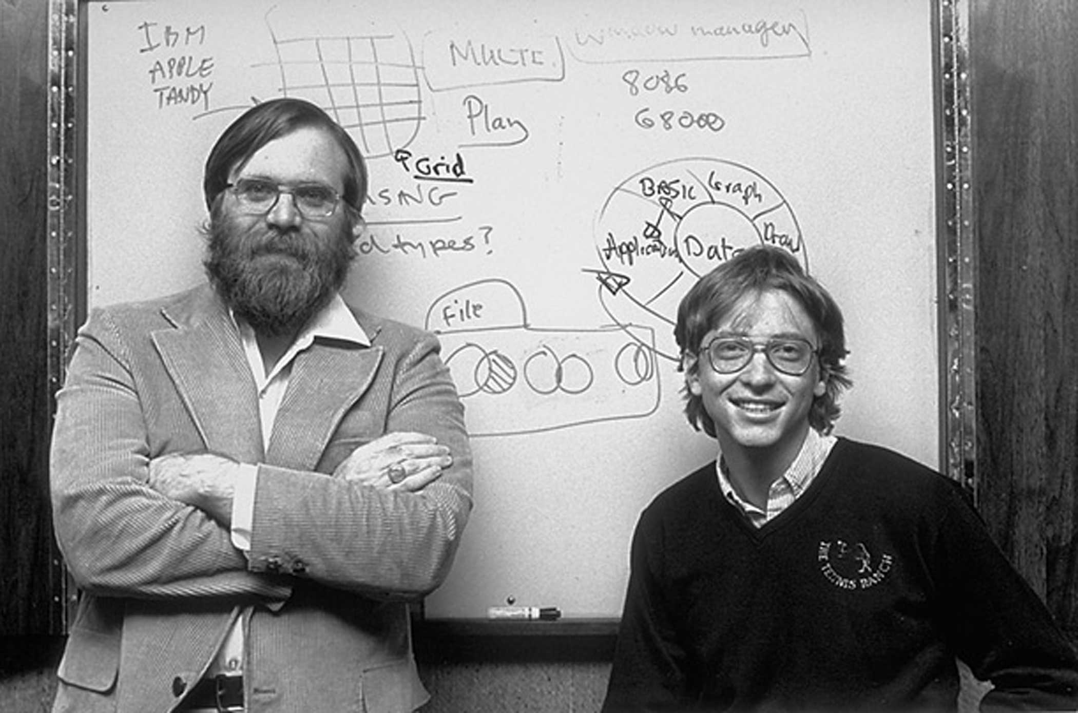 Microsoft co-founders Paul Allen (L) &amp; Bill Gates (R).Filing Place: FC 17513Subject Date: 0/0/1982Last Published: October 2, 1995Series: FORTUNETitle: Caption: Microsoft co-founders Paul Allen (L) &amp; Bill Gates (R).City: SEATTLEState/Province: WACountry: USPhotographer: BARRY WONGPhotog Status: FREELANCEAgency: SEATTLE TIMESSyndication By: AGENCYSubjects: Personalities: GATES, WILLIAM H. III ALLEN, PAULSource: FORTUNERef No: 05836435.JPGMedium: B/W TRANSPARENCY