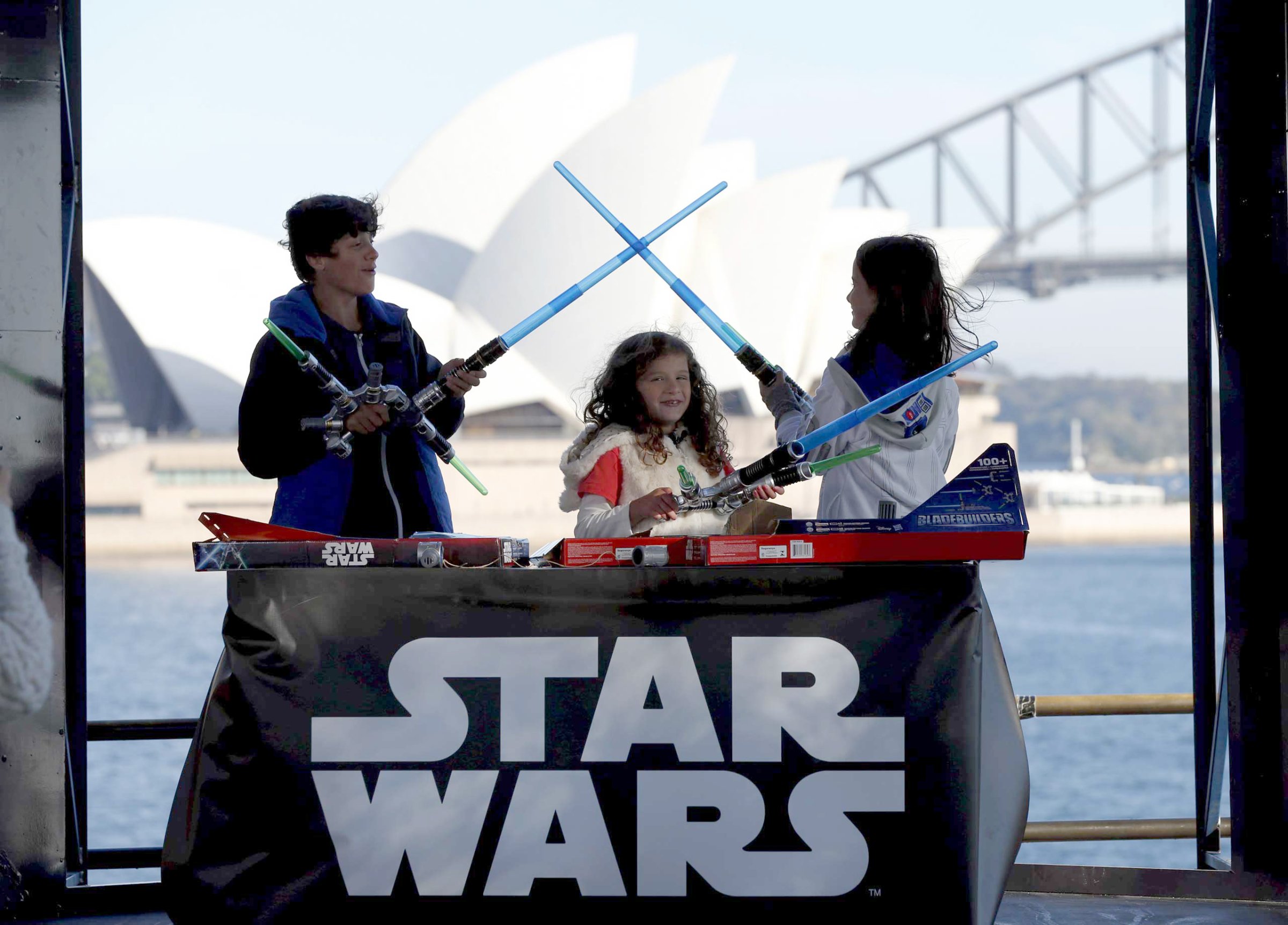 Caleb, Annie and Kayley Bratayley participate in a live internet unboxing event to reveal the new "Star Wars - The Force Awakens" toys in Sydney