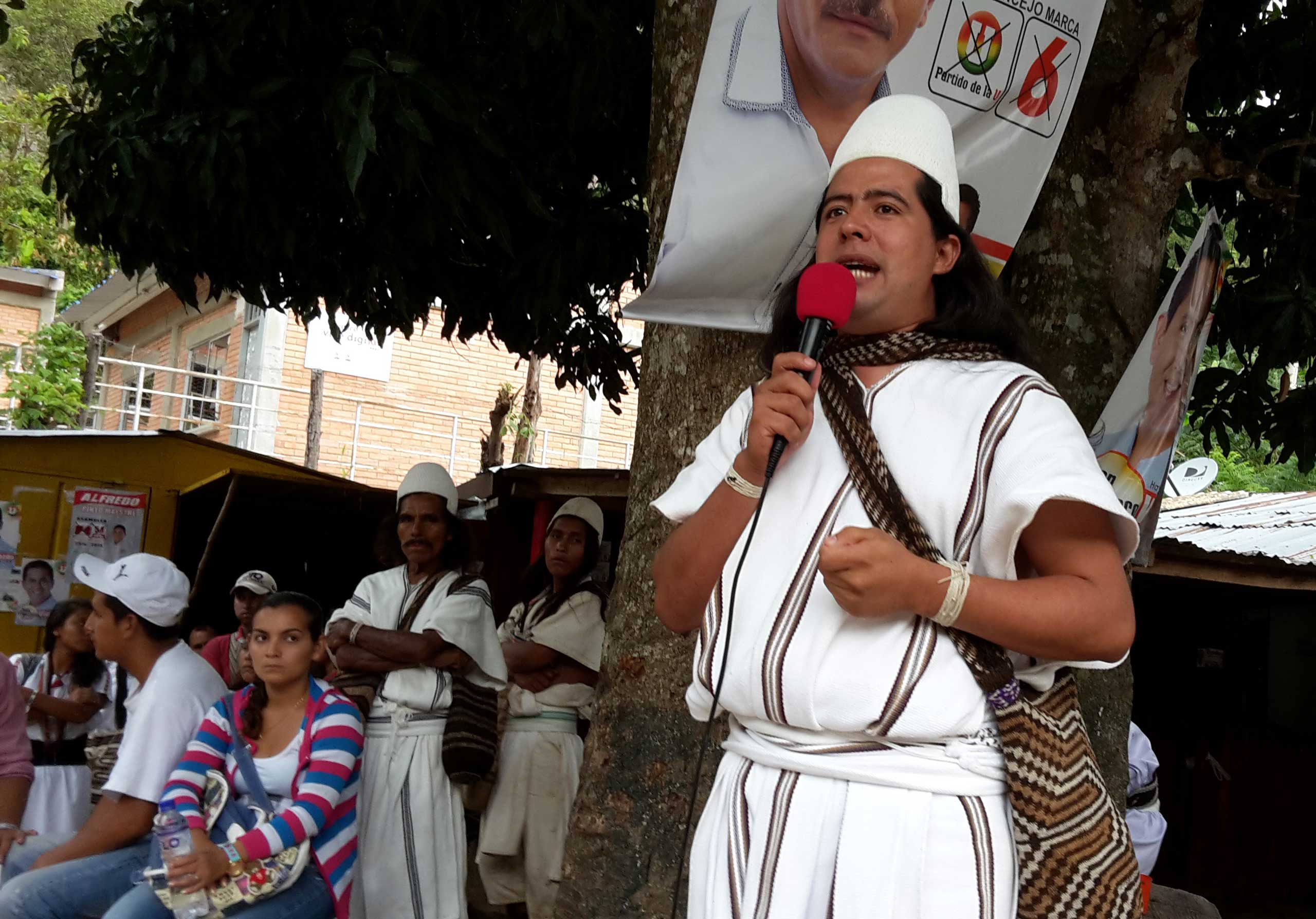 Saul Mindiola, an Arhuaco Indian who is running for mayor of the Colombian town of Pueblo Bello, gives a campaign speech in Pueblo Bello, on Sept. 20, 2015. Mindiola fears he could lose Sunday's election due to vote fraud, a major problem in hundreds of Colombian towns and cities. (John Otis)