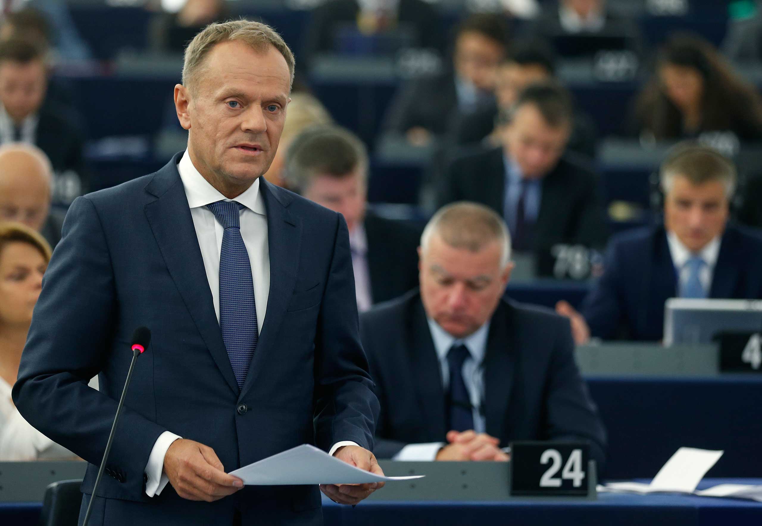European Council President Tusk addresses the European Parliament during a debate on the results of the last informal European Council, in Strasbourg