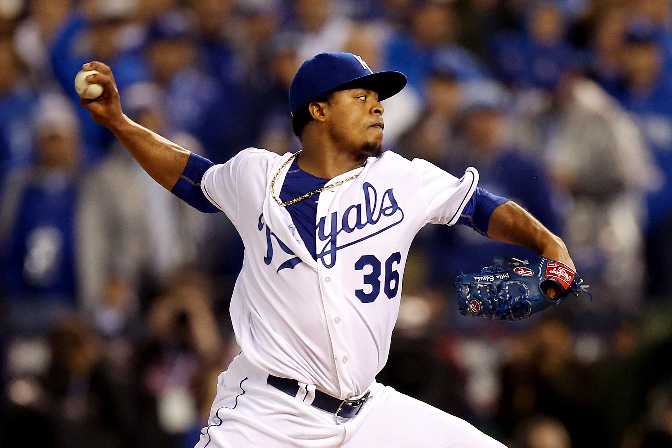Edinson Volquez of the Kansas City Royals at the World Series playing against the New York Mets in Kansas City, Miss. on Oct. 27, 2015. (Brad Mangin—MLB Photos via Getty Images)