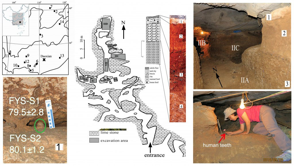 Geographical location and interior views of the Fuyan Cave, Doaxian with dating sample (lower left), plan view of the excavation area with stratigraphy layer marked (center), the spatial relationship of the excavated regions and researcher finding human tooth (right). (Y-J Cai, X-X Yang, and X-J Wu)