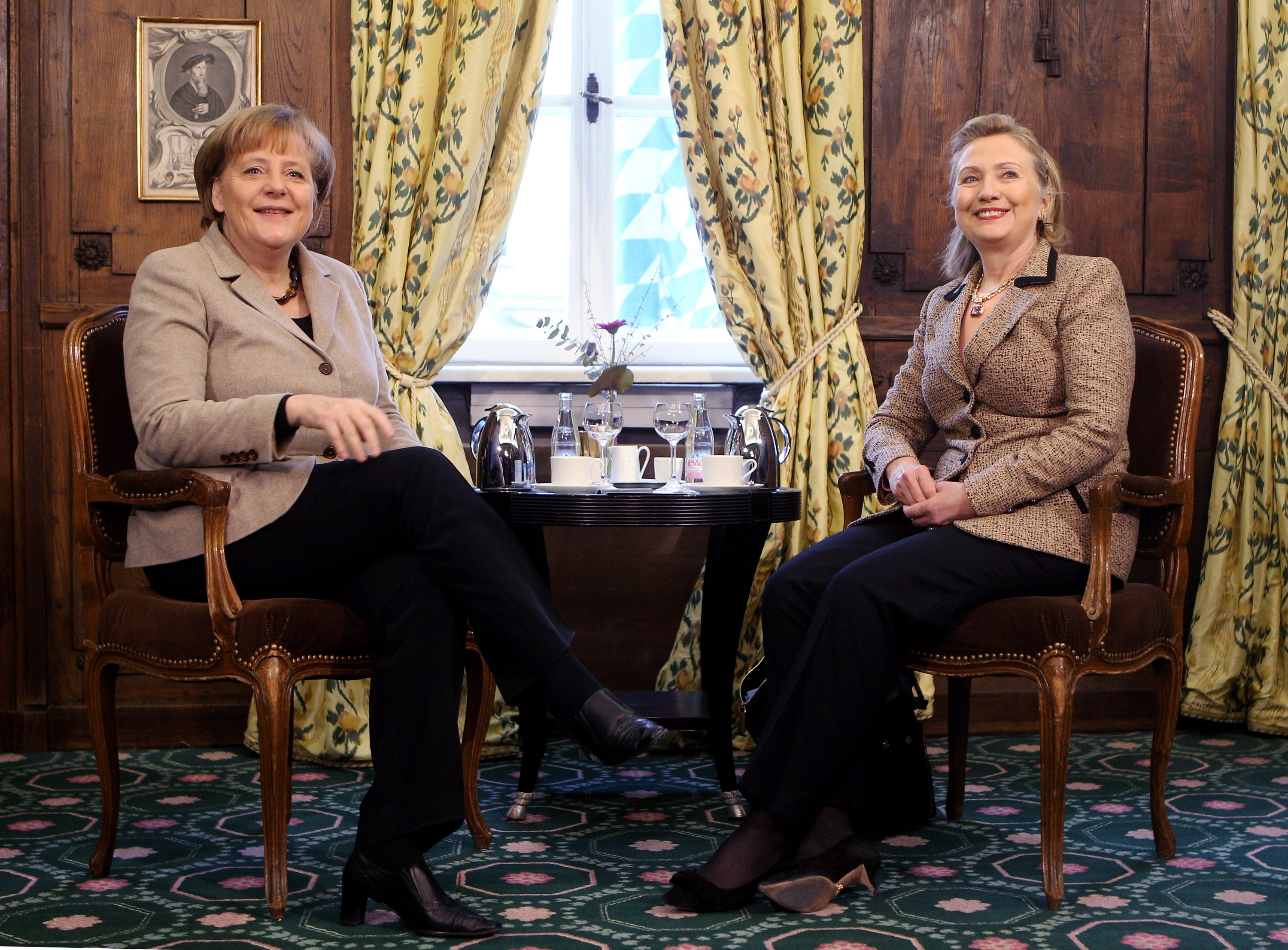 Hillary Clinton and Angela Merkel speak during the Munich Security Conference at Hotel Bayerischer Hof in Munich in 2011.