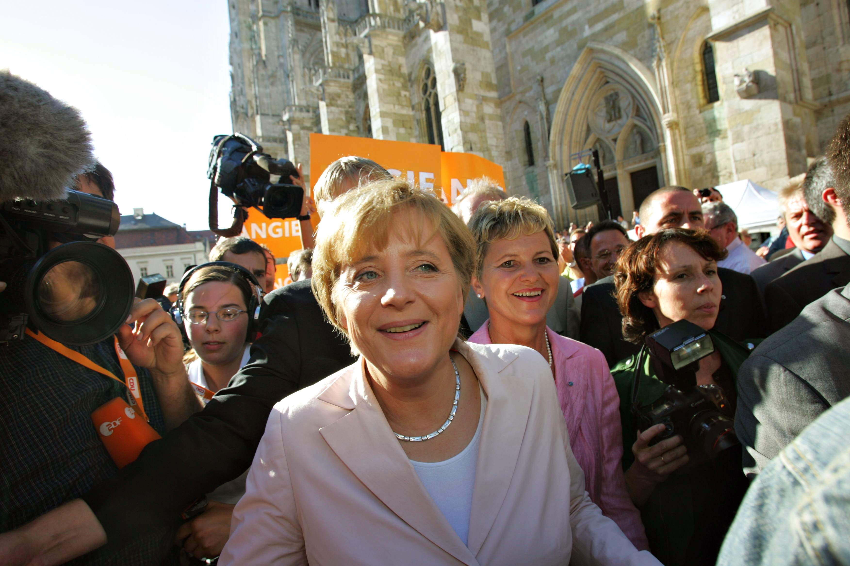 Angela Merkel campaigns in Regensburg, Germany, in 2005.