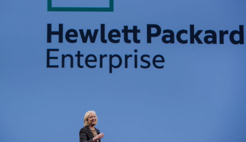 Meg Whitman, chief executive officer of Hewlett-Packard Co., speaks with the new Hewlett Packard Enterprise logo on the screen, during the HP Discover 2015 conference in Las Vegas, Nevada, U.S., on Tuesday, June 2, 2015. Hewlett-Packard Co. reported fiscal second-quarter profit that exceeded analysts' estimates as corporate spending on servers picked up ahead of the computer maker's planned separation into two companies. Photographer: David Paul Morris *** Local Caption *** Meg Whitman