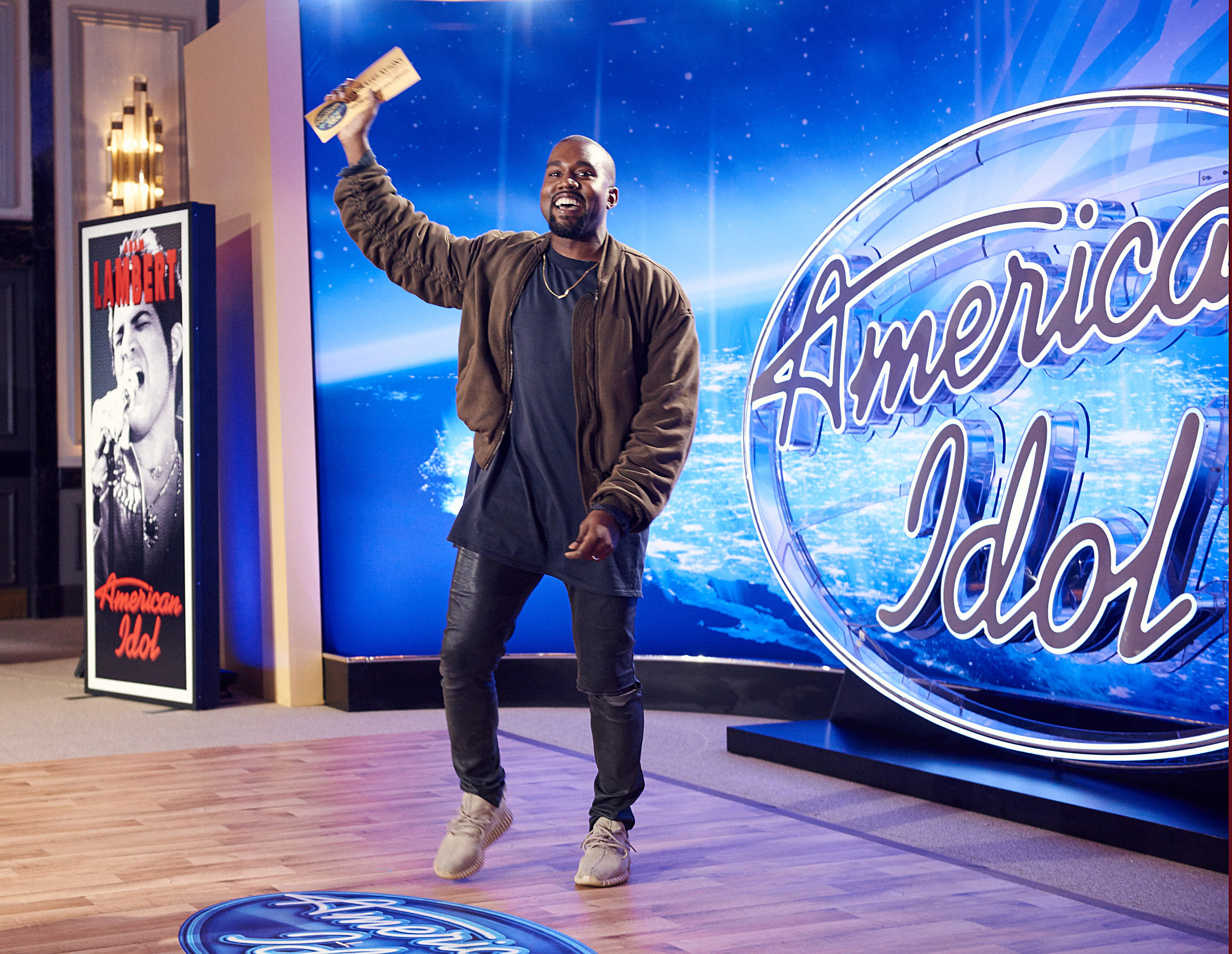 Kanye West surprises the Judges and Ryan Seacrest on American Idol by auditioning in San Francisco on Oct. 10, 2015. (FOX/Getty Images)