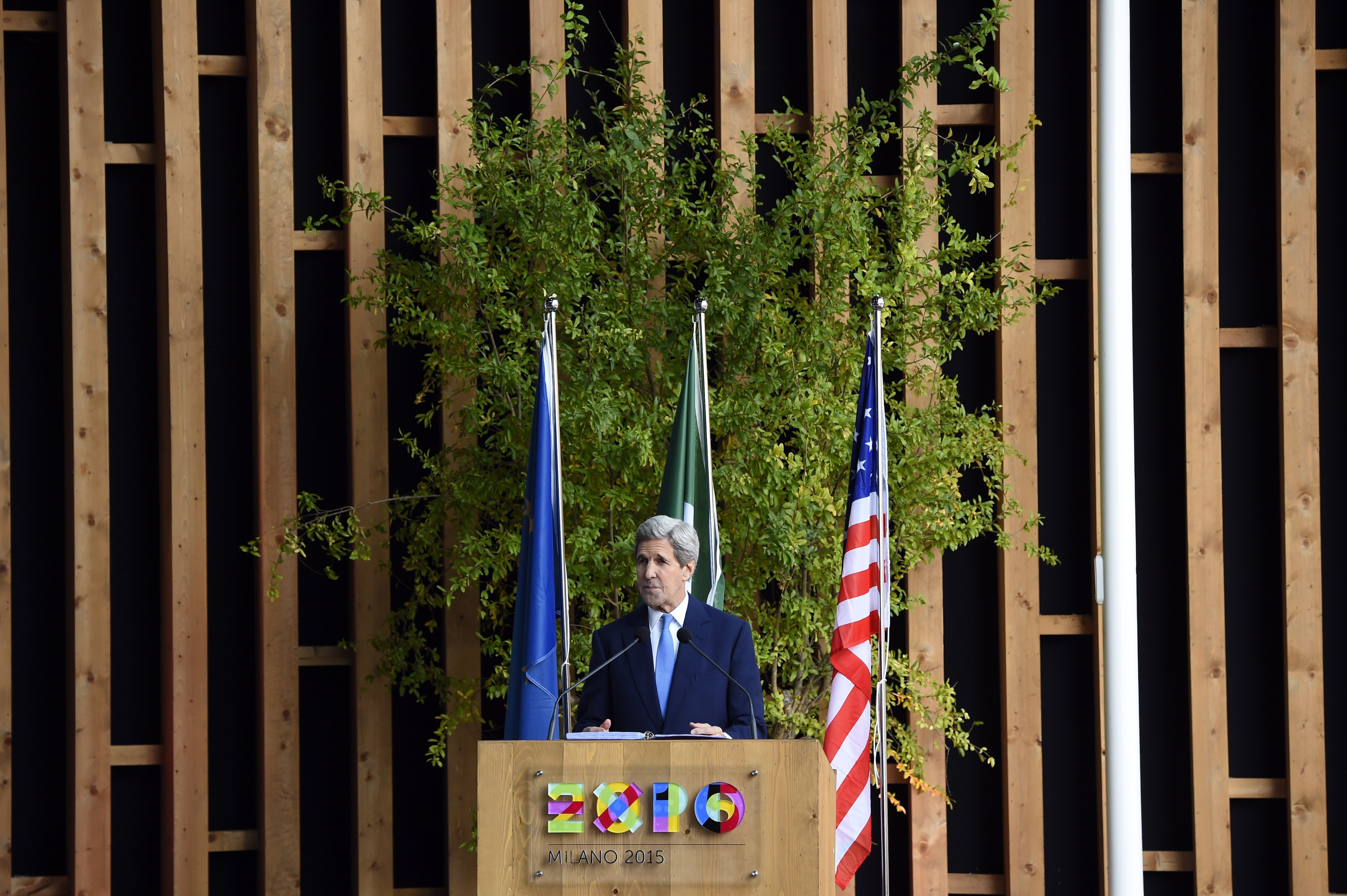 John Kerry speaks during a visit at the Universal Exhibition 2015 in Milan on Oct. 17, 2015. (Olivier Morin—AFP/Getty Images)