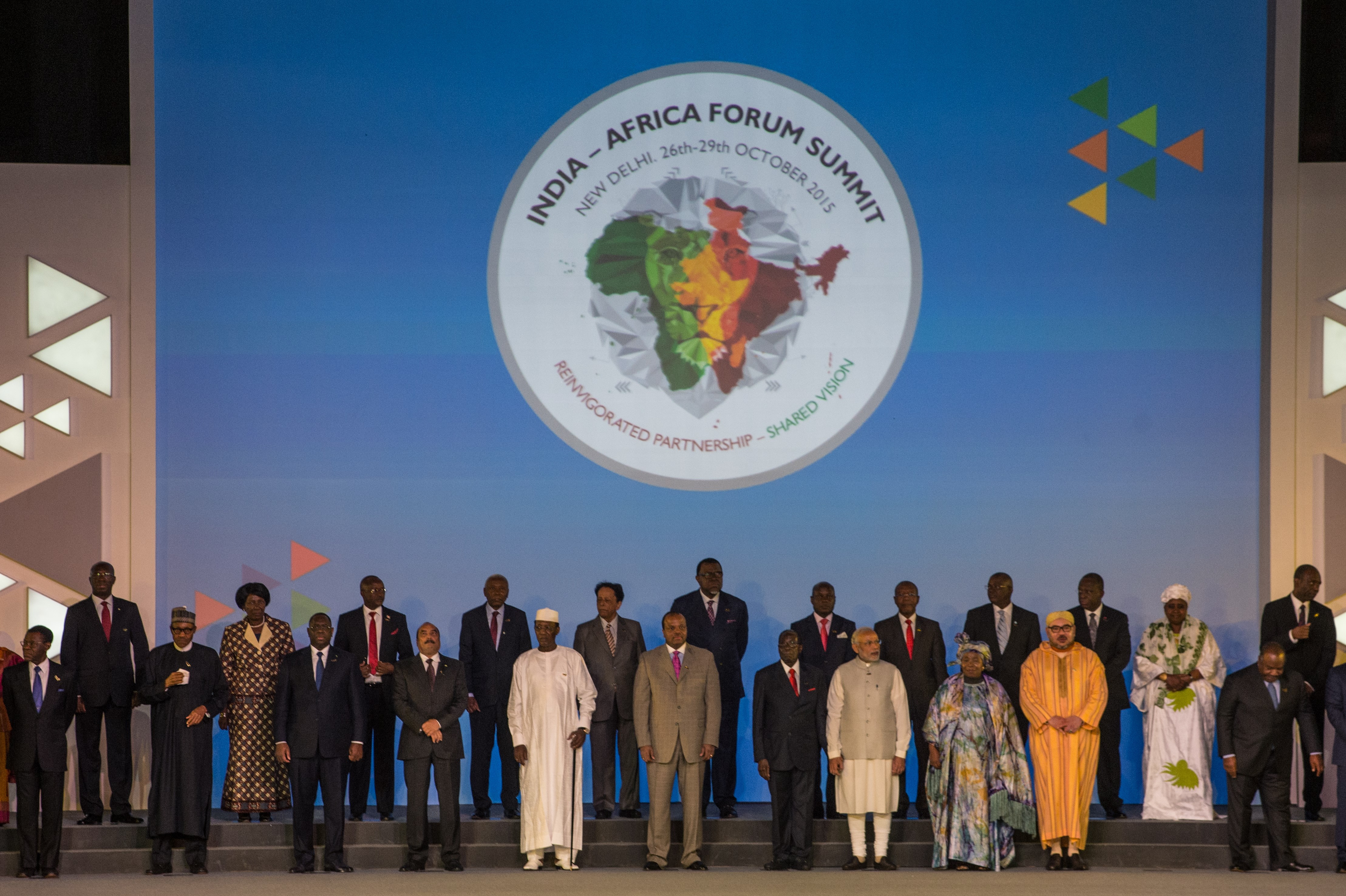 Indian Prime Minister Narendra Modi (9R) stands among other African Heads of State and representatives during a group photograph at the India-Africa Forum Summit in New Delhi on Oct. 29, 2015 (ROBERTO SCHMIDT—AFP/Getty Images)