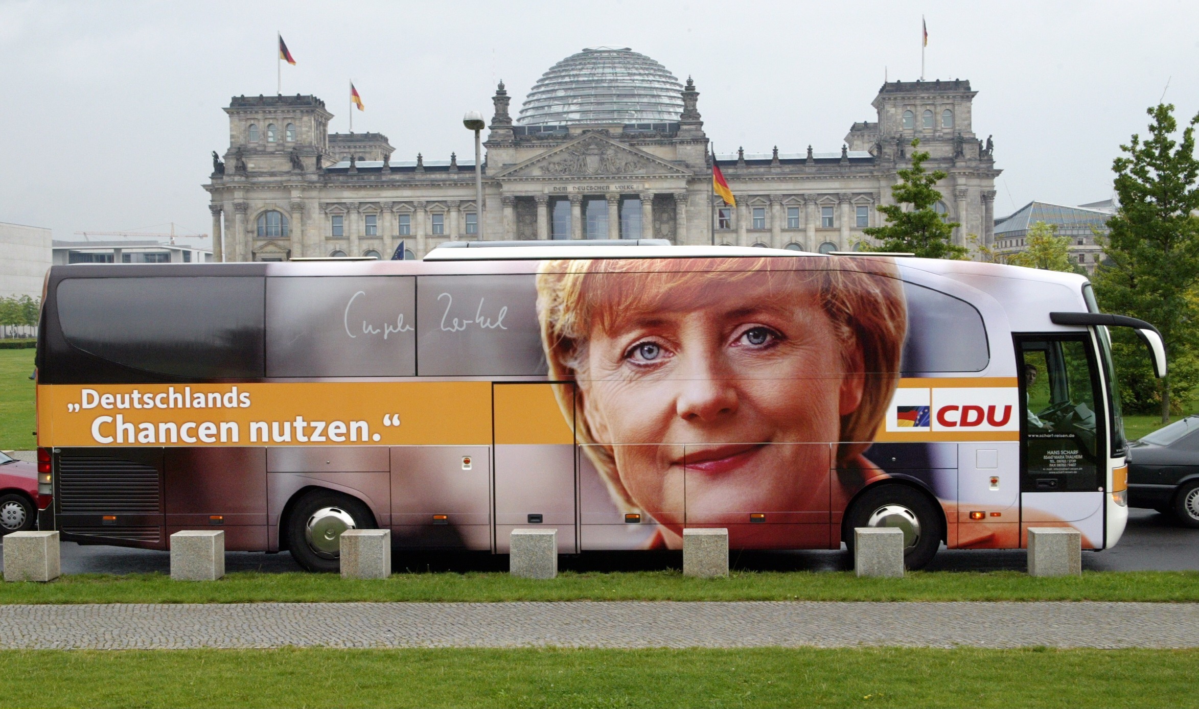 An Angela Merkel campaign bus in Berlin, in 2005.