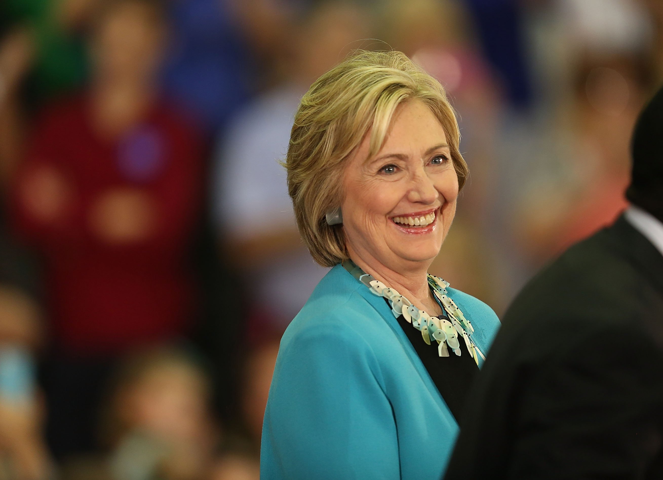 Hillary Clinton laughs as she is introduced during her campaign stop at the Broward College  Hugh Adams Central Campus on October 2, 2015 in Davie, Florida. (Joe Raedle—Getty Images)