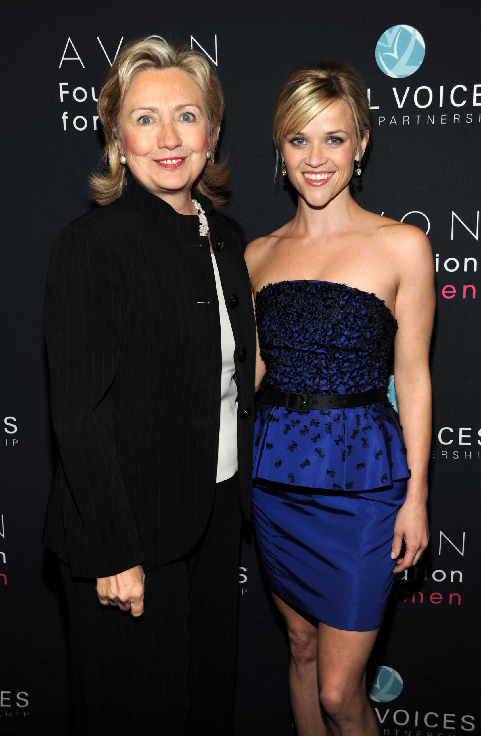 Secretary of State Hillary Clinton and Honorary Chairperson of the Avon Foundation for Women Reese Witherspoon attends Vital Voices 2010 Global Leadership Awards at The Kennedy Center in Washington, DC., on March 10, 2010. (Kevin Mazur—Getty Images)