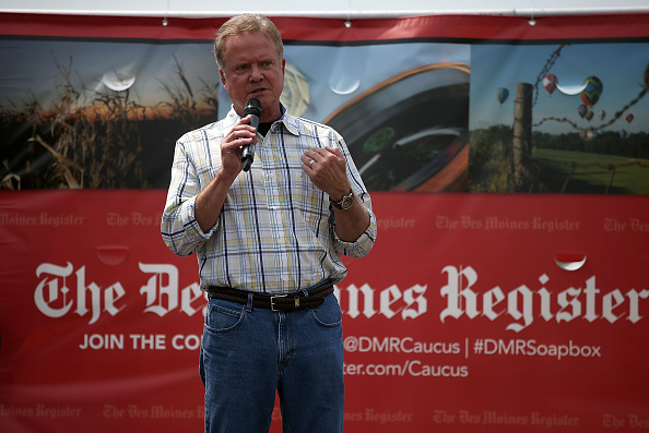Democratic presidential candidate and former U.S. Sen. Jim Webb (D-VA) speaks to fairgoers at the Iowa State Fair on August 13, 2015 in Des Moines, Iowa.