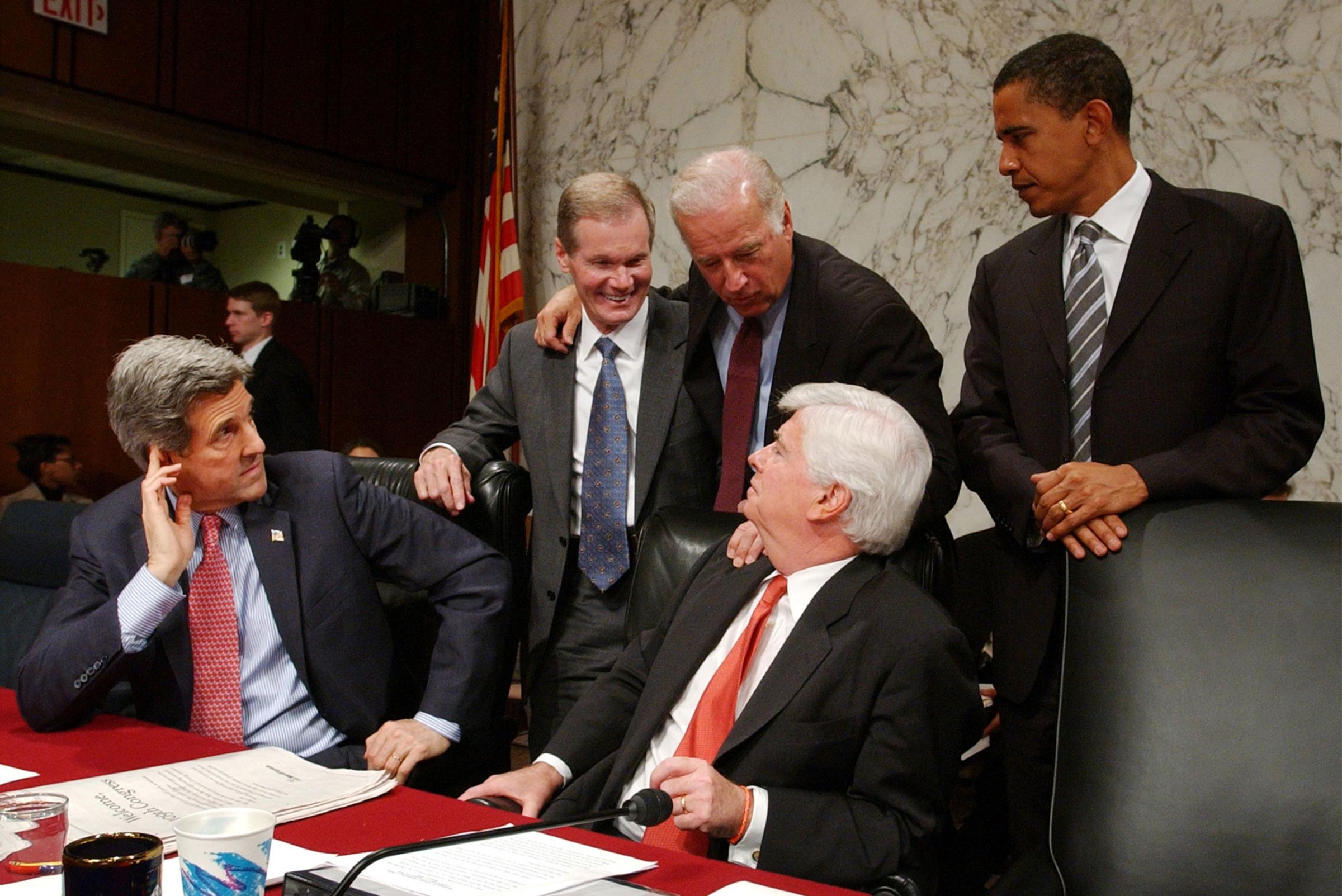 Senator John Kerry, Senator Ben Nelson, Senator Joseph Biden, Senator Christopher Dodd, seated, and Senator Barack Obama.