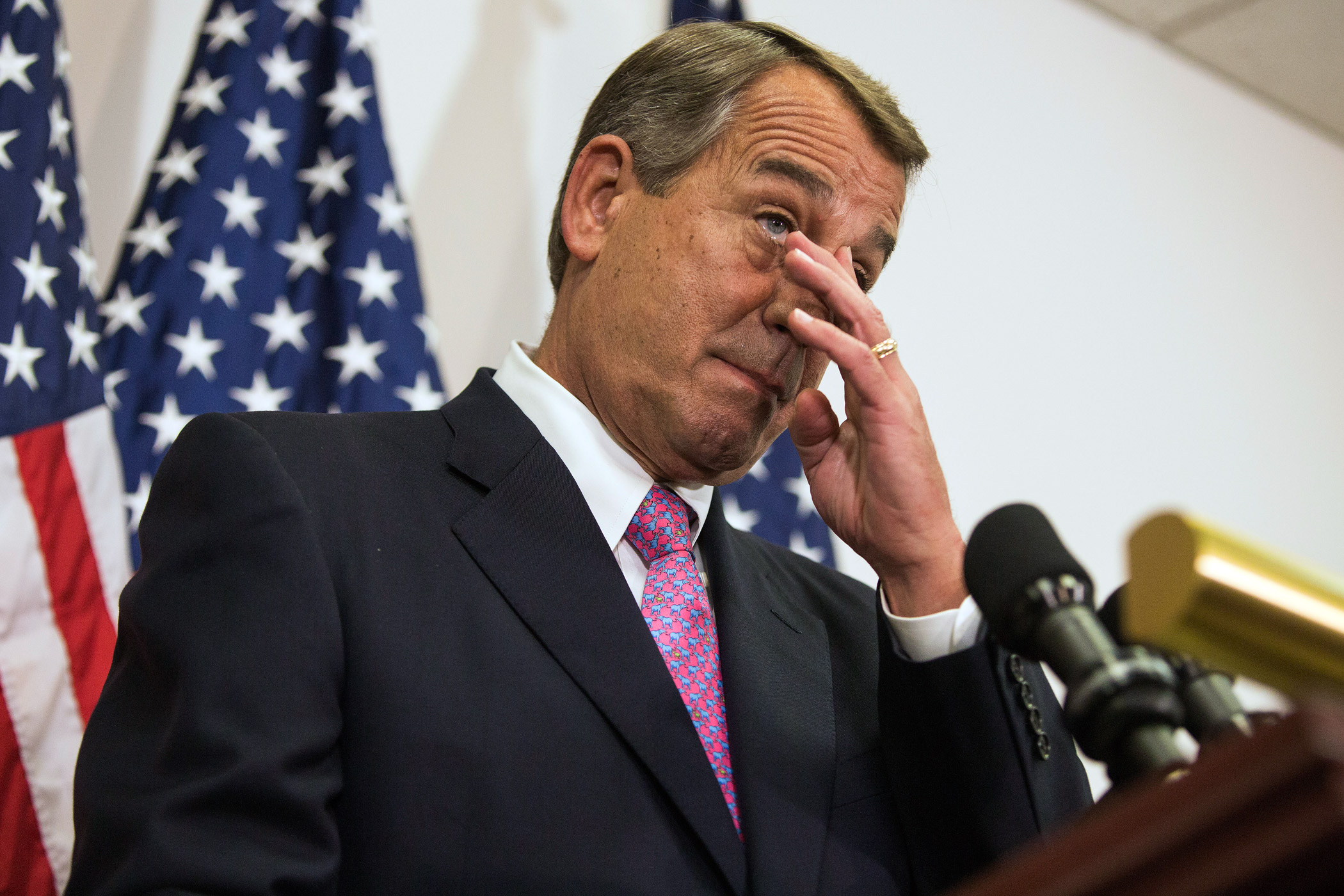Boehner becomes emotional during his last weekly news conference as Speaker on Capitol Hill in Washington on Oct. 27, 2015.