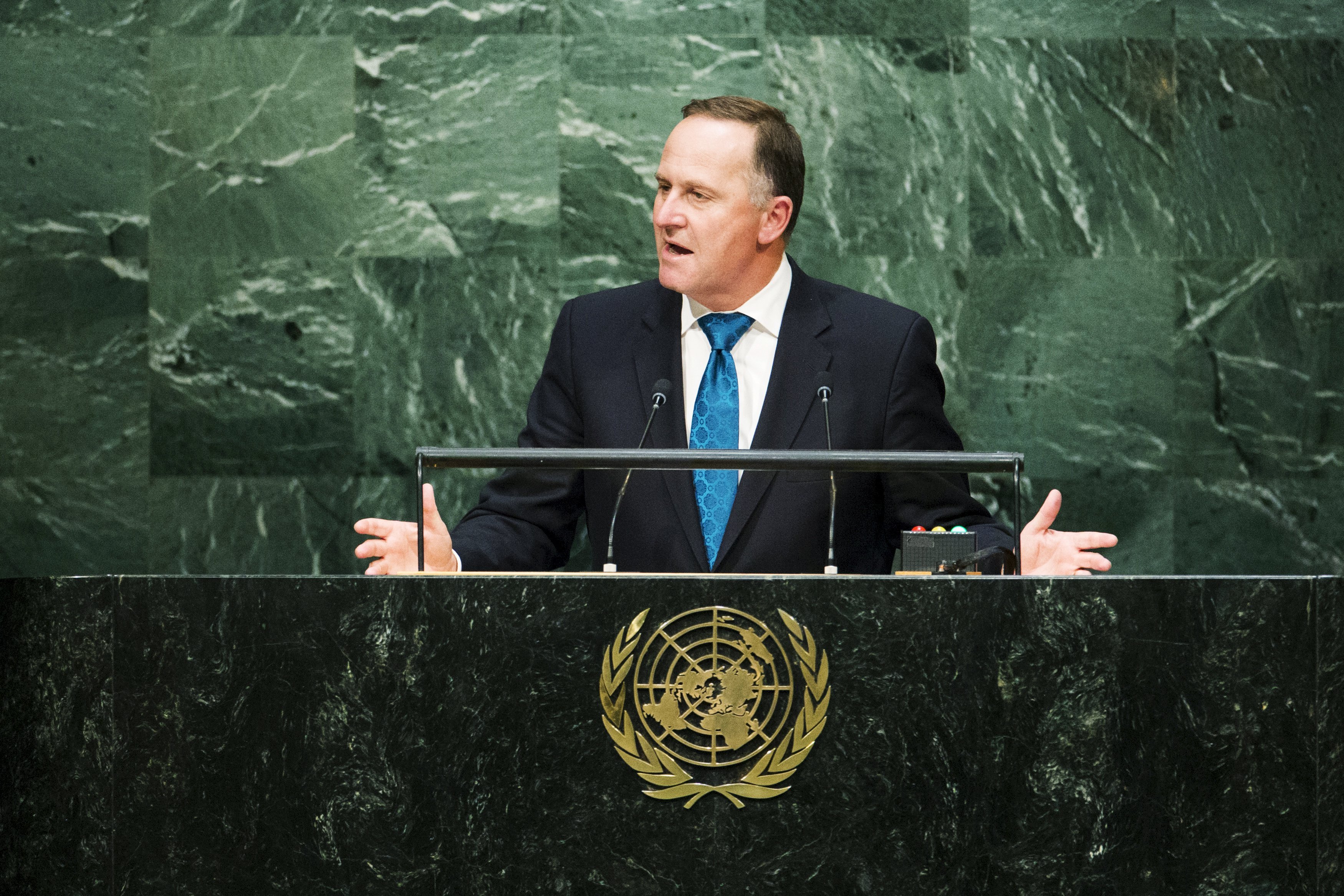 New Zealand's Prime Minister Key addresses attendees during the 70th session of the United Nations General Assembly at the U.N. Headquarters in New York