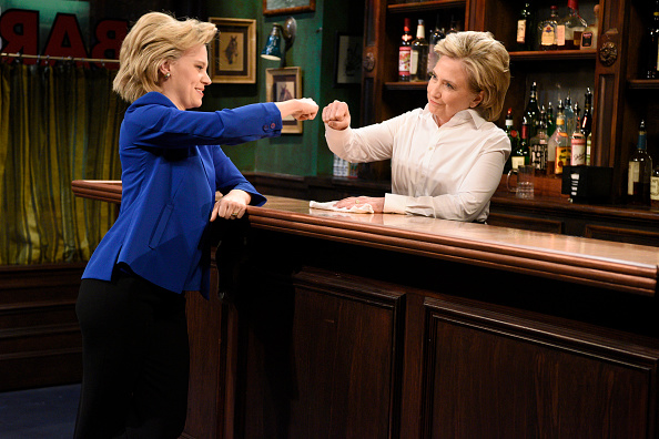 Kate McKinnon as Hillary Clinton and Hillary Clinton a Val during the 