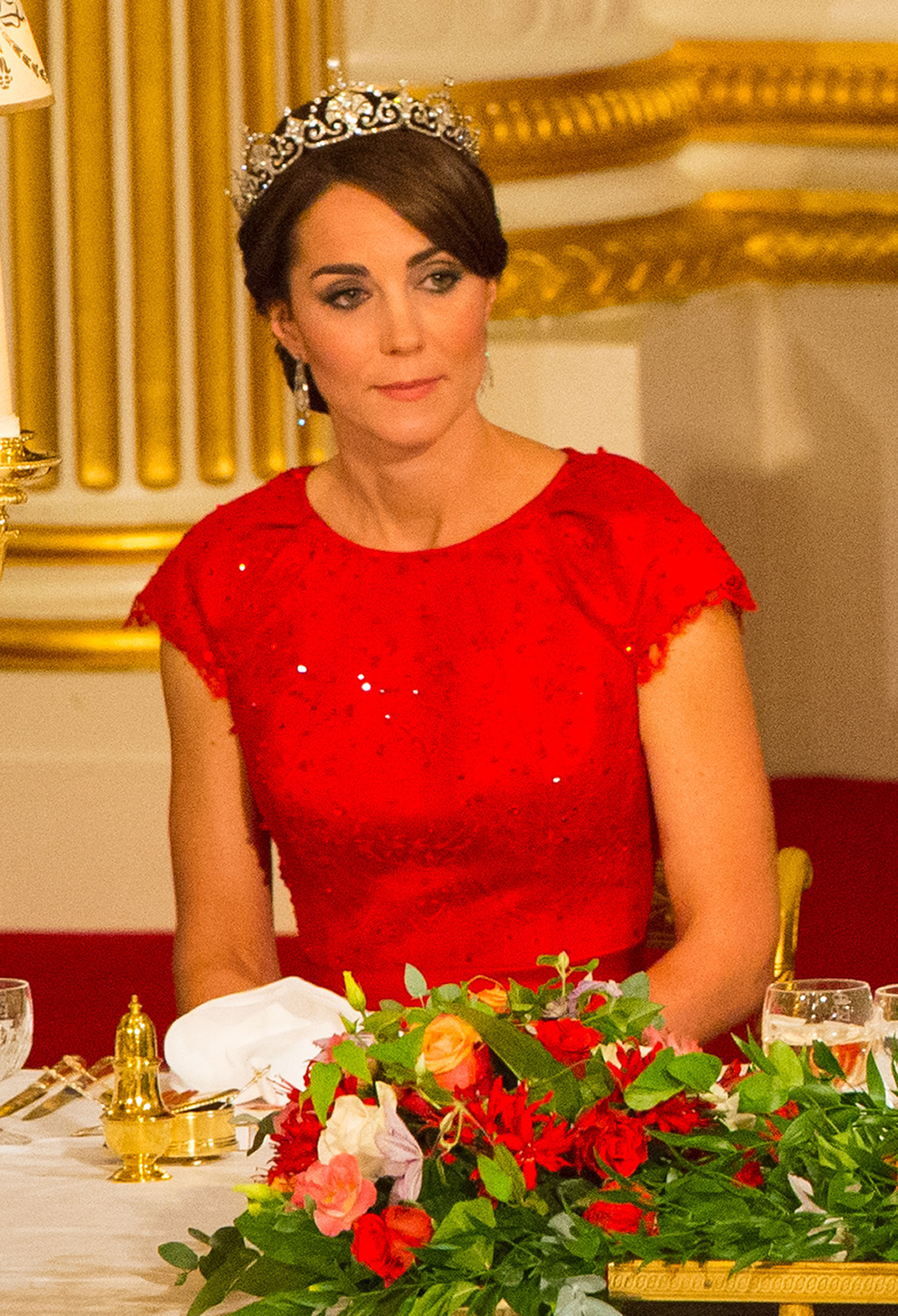 The Duchess of Cambridge as Queen Elizabeth II speaks at a state banquet at Buckingham Palace in London on Oct. 20, 2015. (Dominic Lipinski—AP)