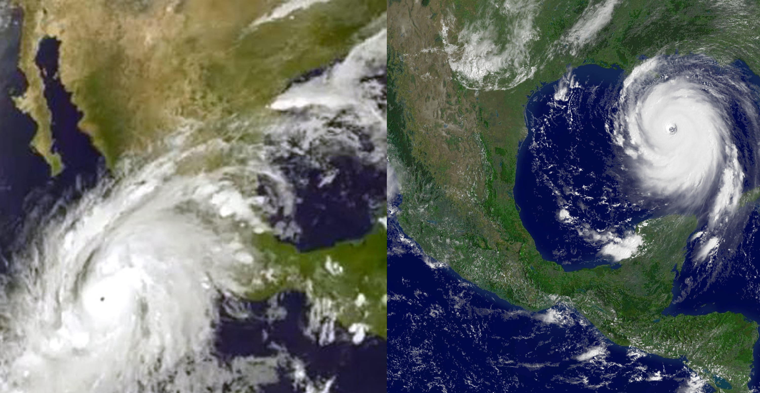 Hurricane Patricia on Oct. 22, 2015; Hurricane Katrina on Aug. 28, 2005. (NOAA/EPA; NOAA/Getty Images)